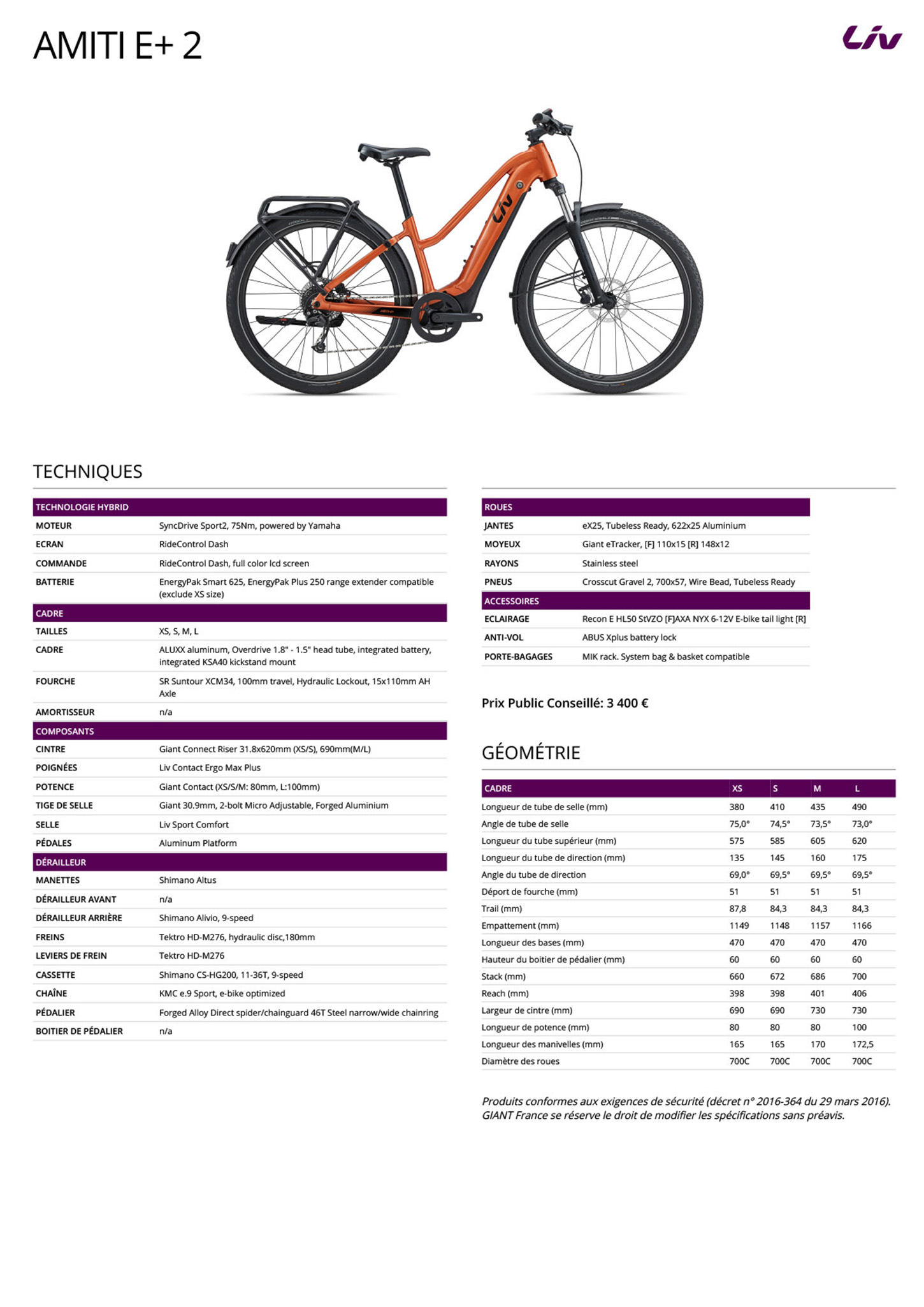 Fiche technique du velo électrique Amiti E+ 2 année 2023