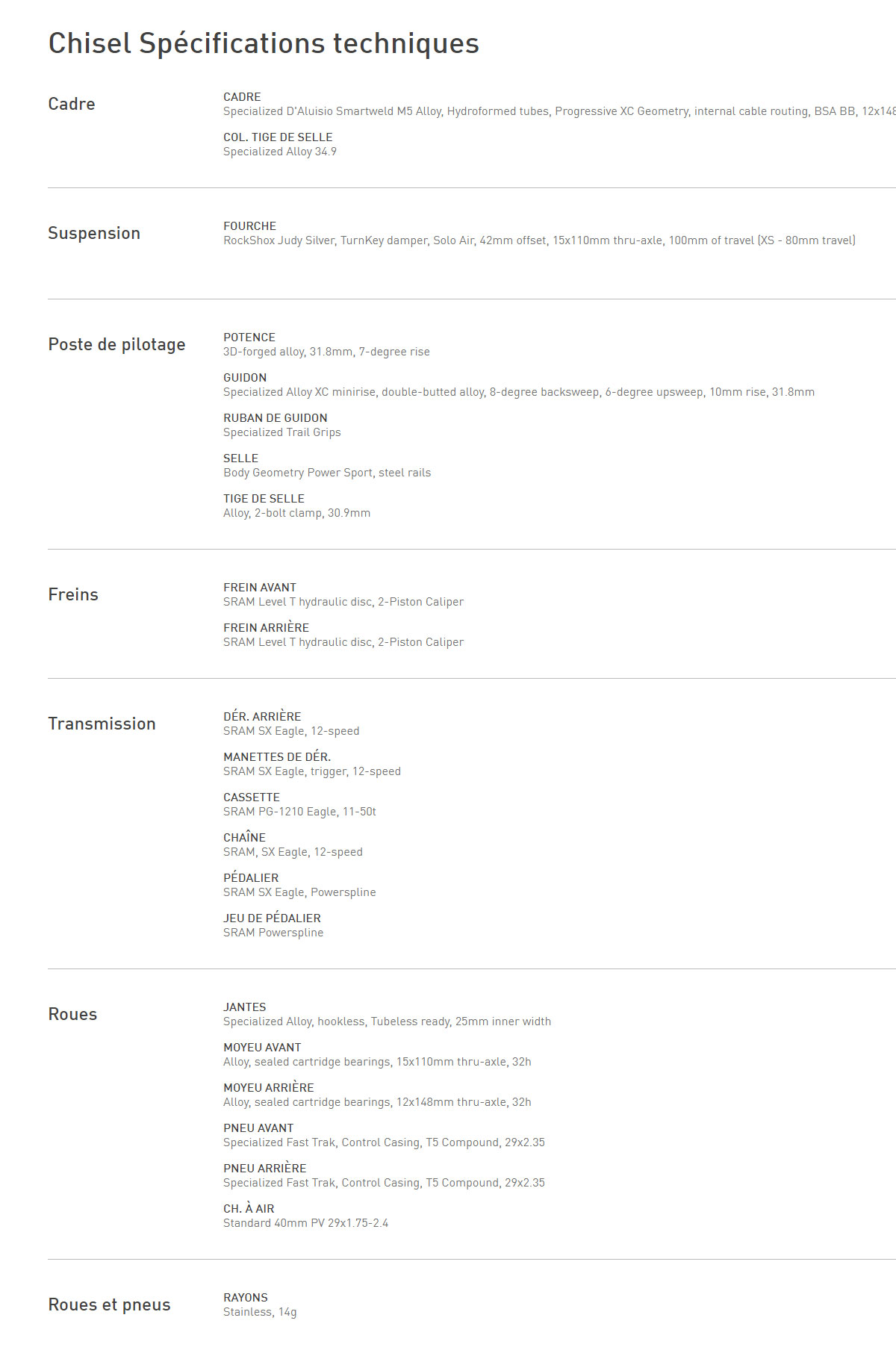 Caracteristique technique du vélo Chisel année 2022