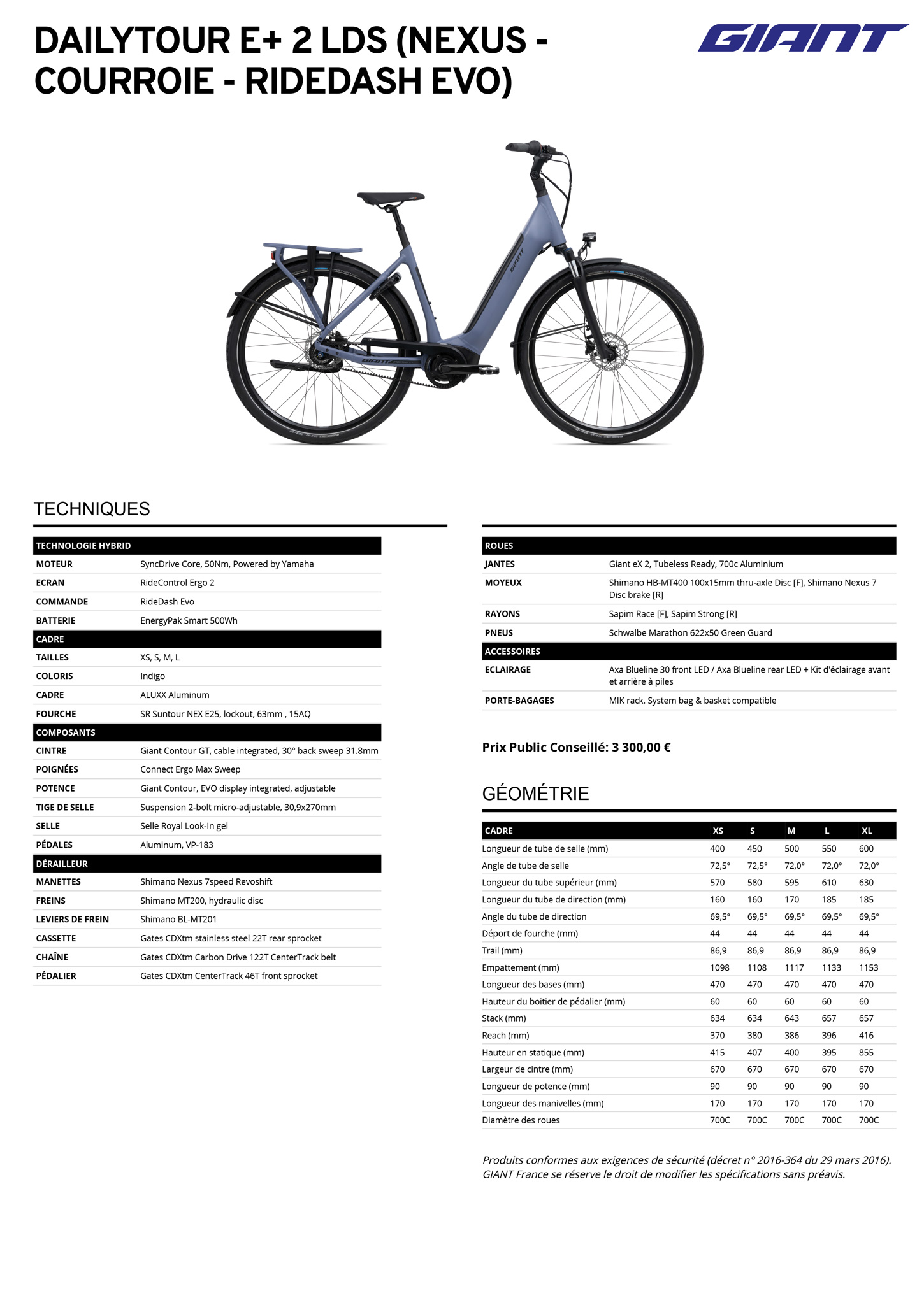 Fiche technique du velo DailyTour E+ 2 LDS année 2022