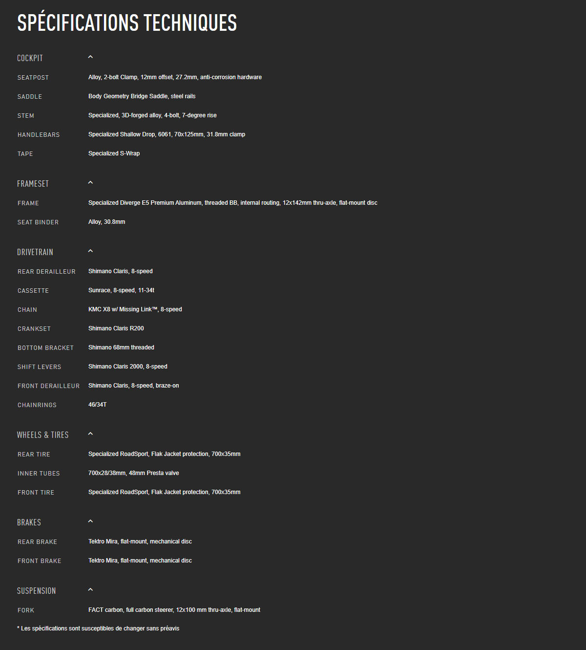 Caracteristique technique du vélo Diverge Comp E5 année 2022