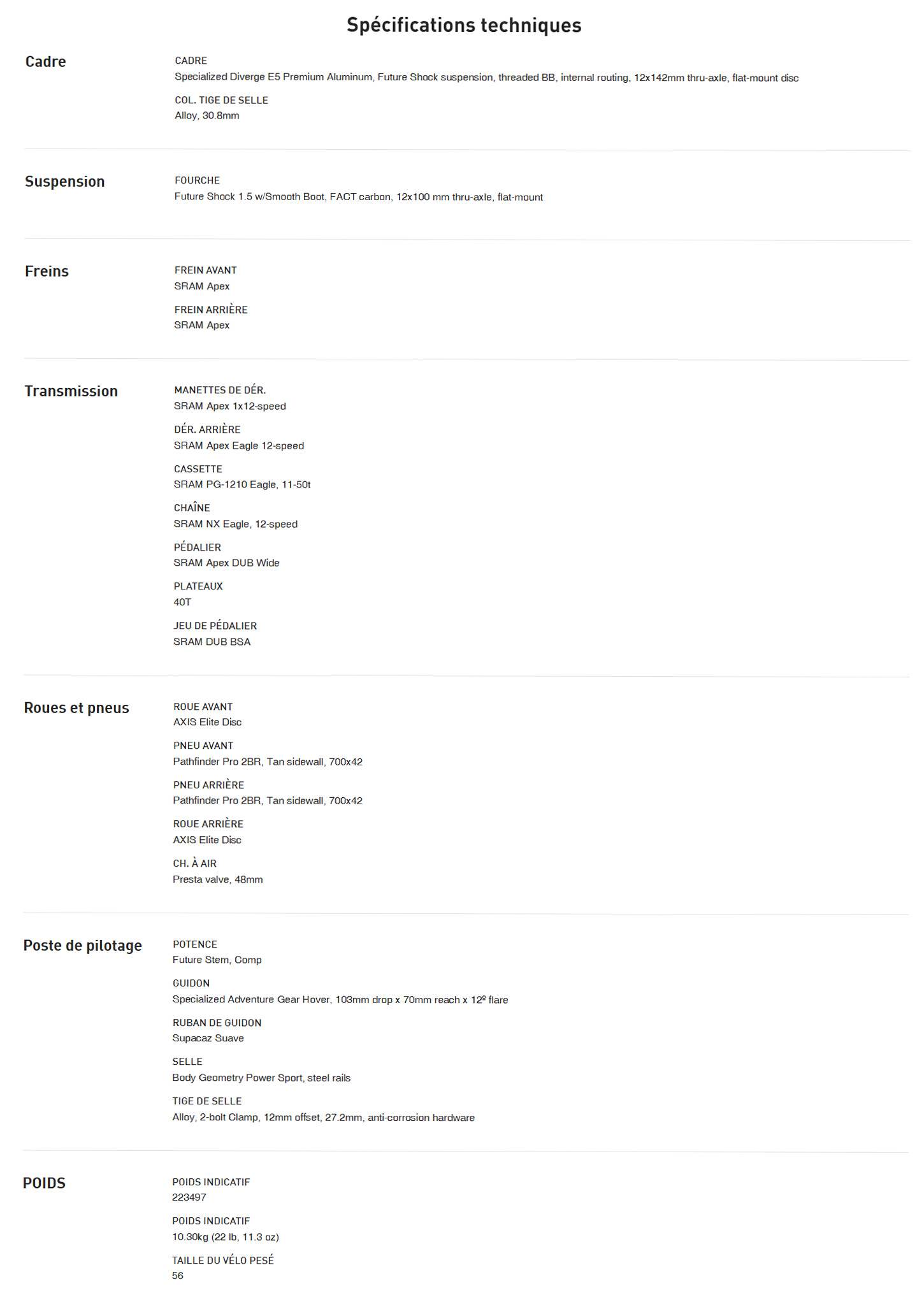 Caracteristique technique du vélo Diverge Comp E5 année 2025