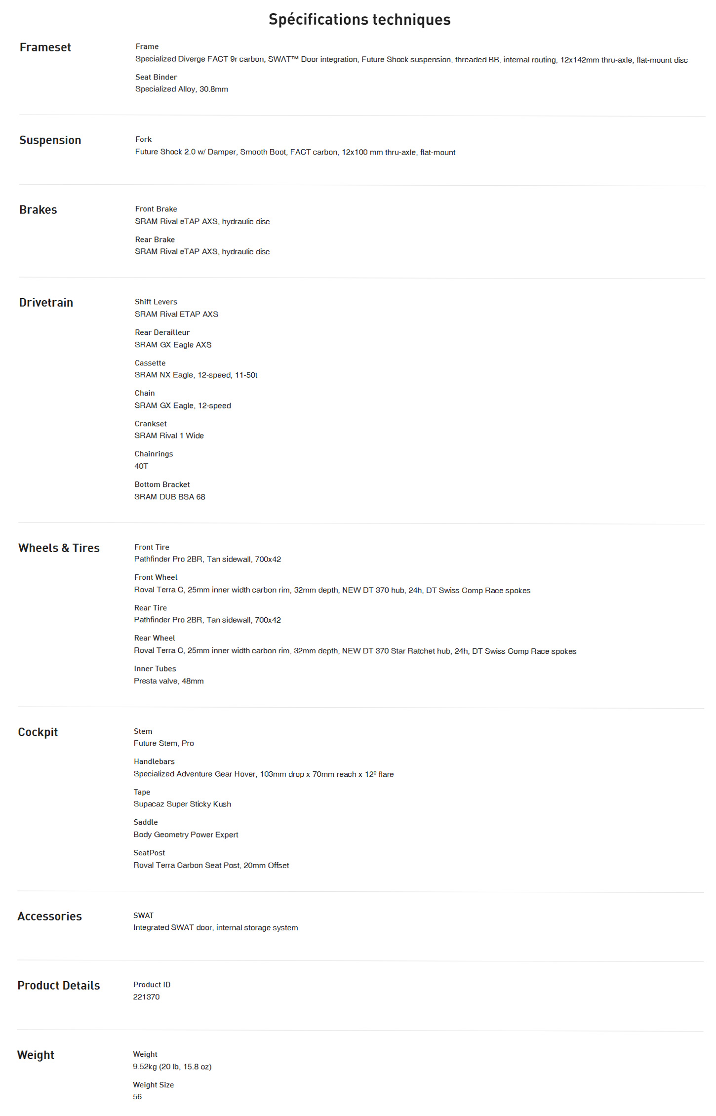 Caracteristique technique du vélo Diverge Expert Carbon année 2025