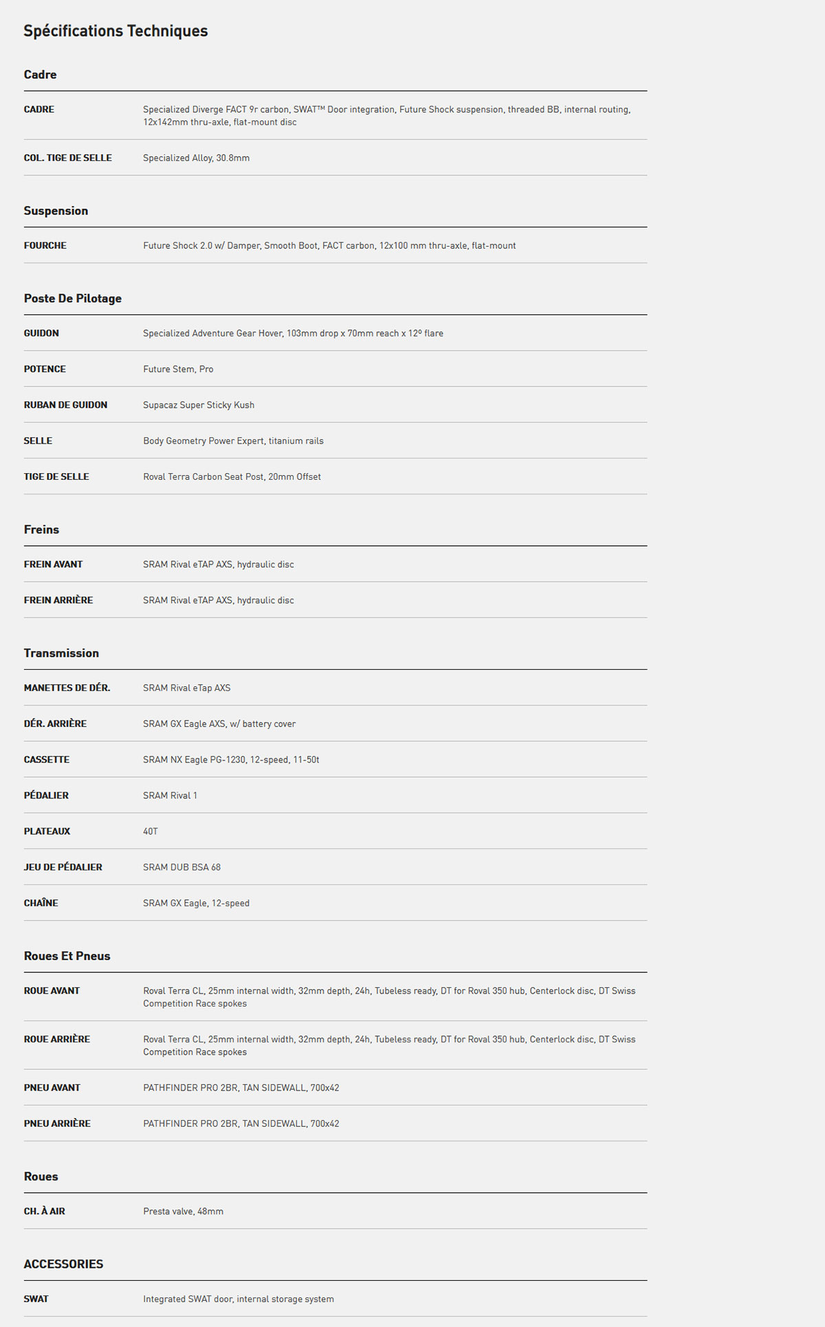 Caracteristique technique du vélo Diverge Sport Carbon année 2022
