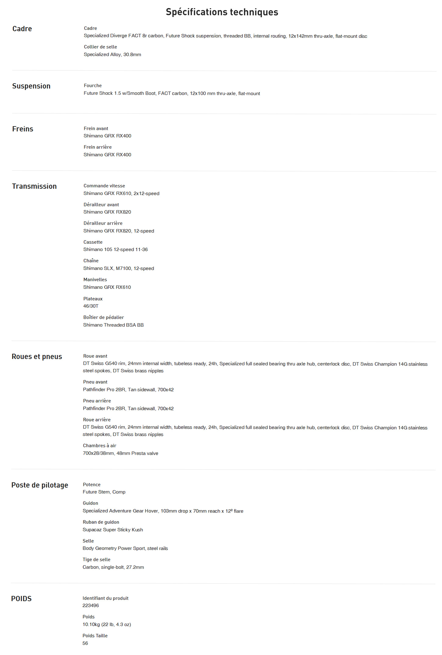 Caracteristique technique du vélo Diverge Sport Carbon année 2025