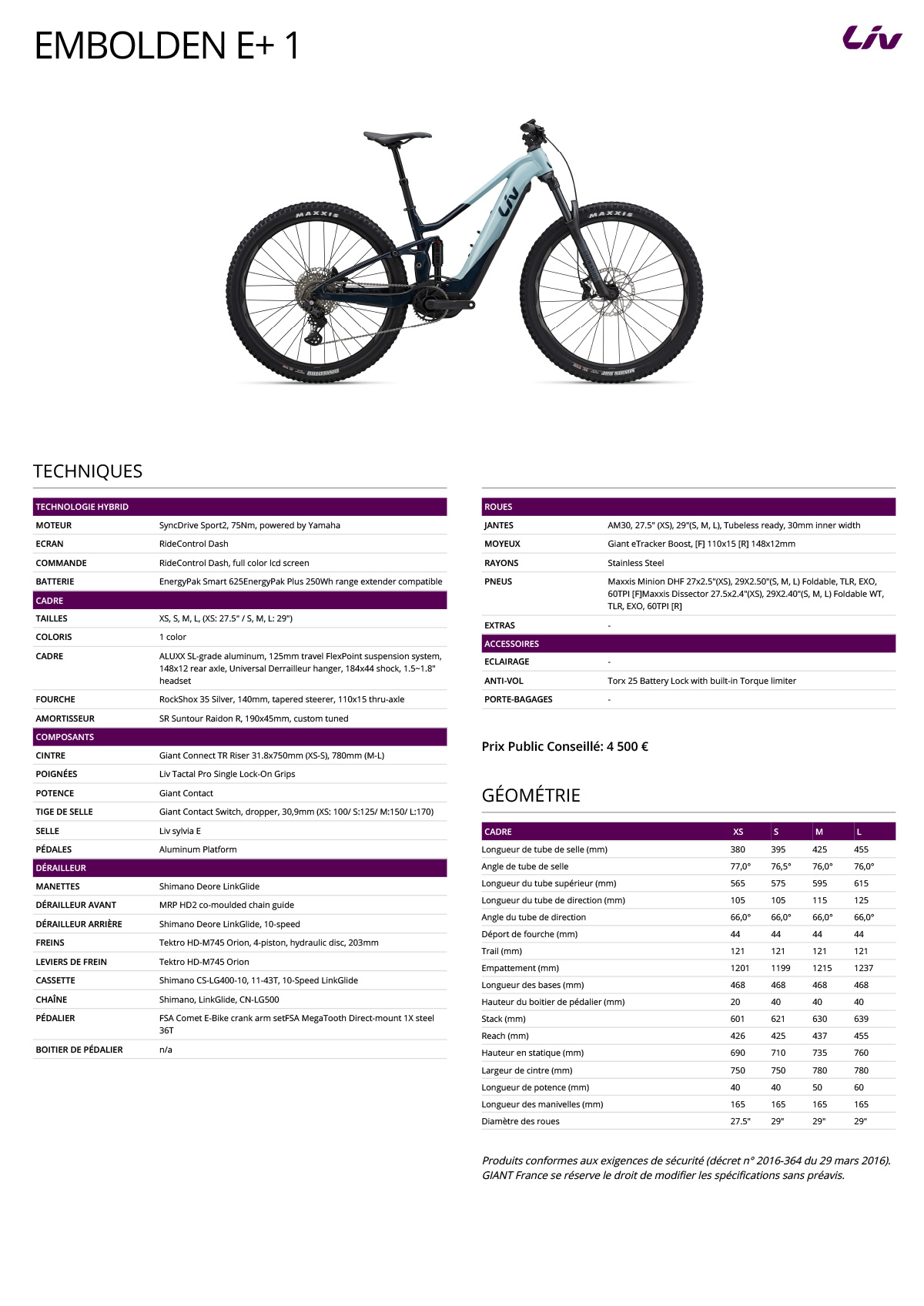 Fiche technique du velo électrique Embolden E+ 1 année 2023