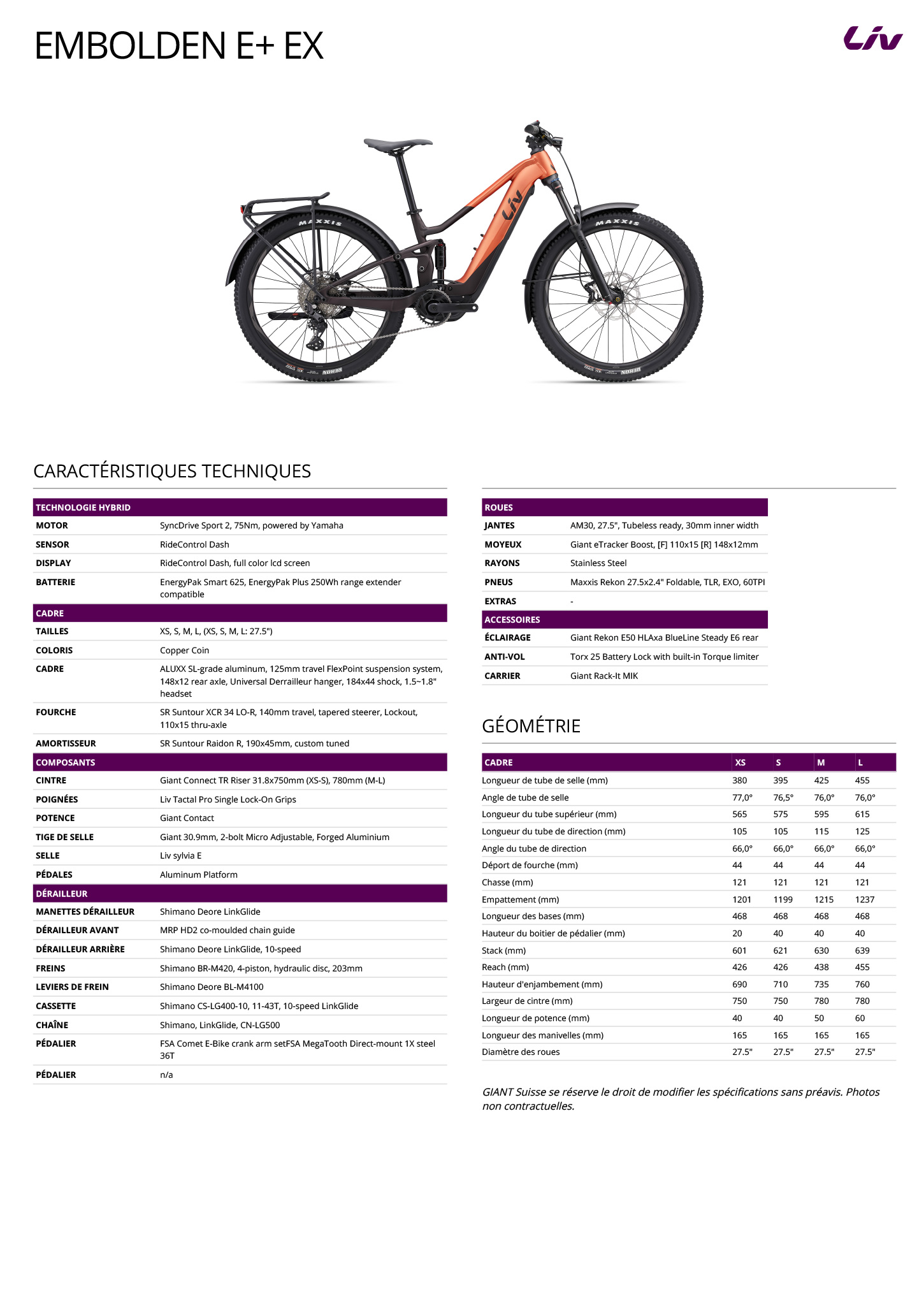 Fiche technique du velo Embolden E+ EX année 2024