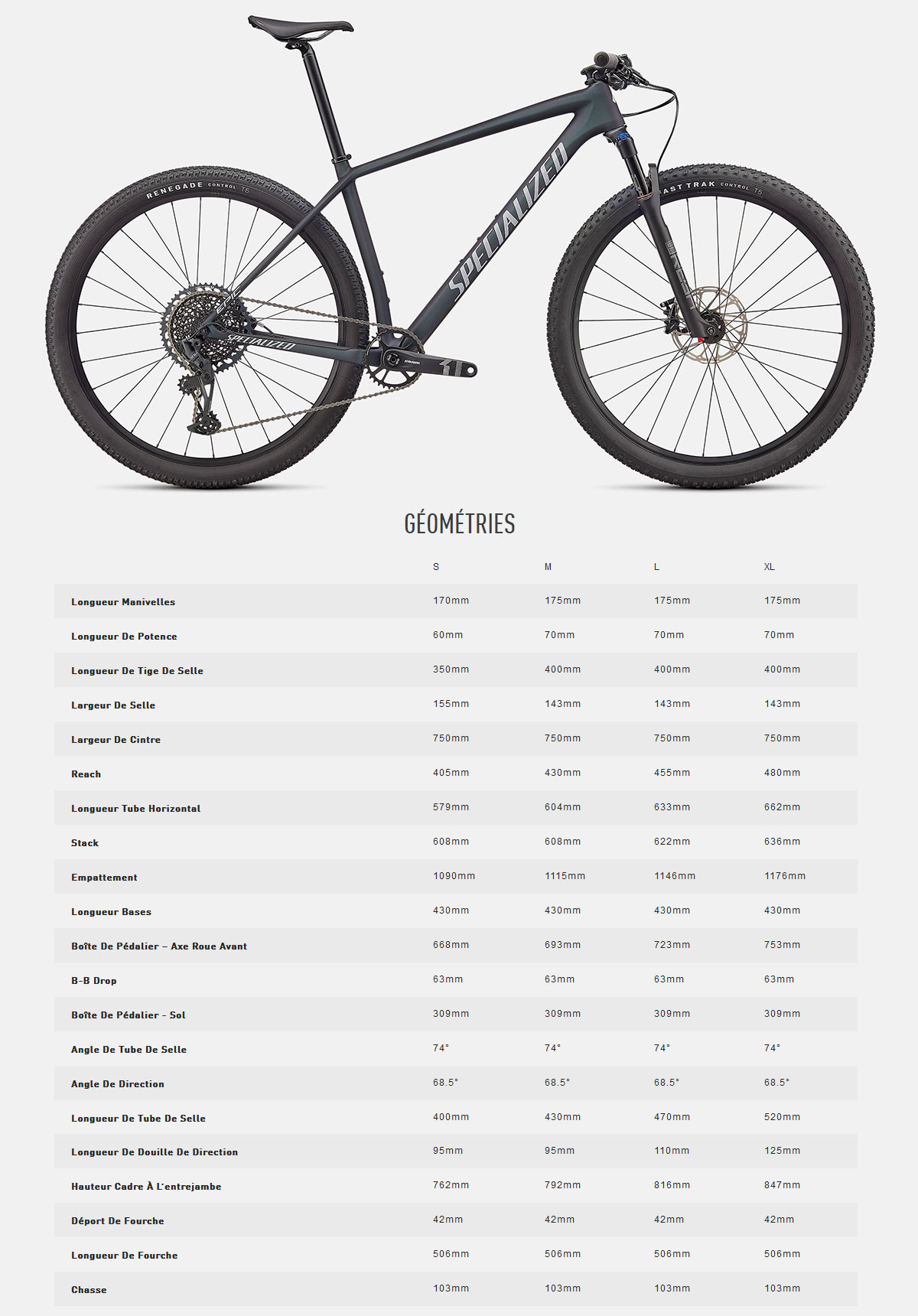 Guide de taille du vélo Epic Hardtail Comp année 2022