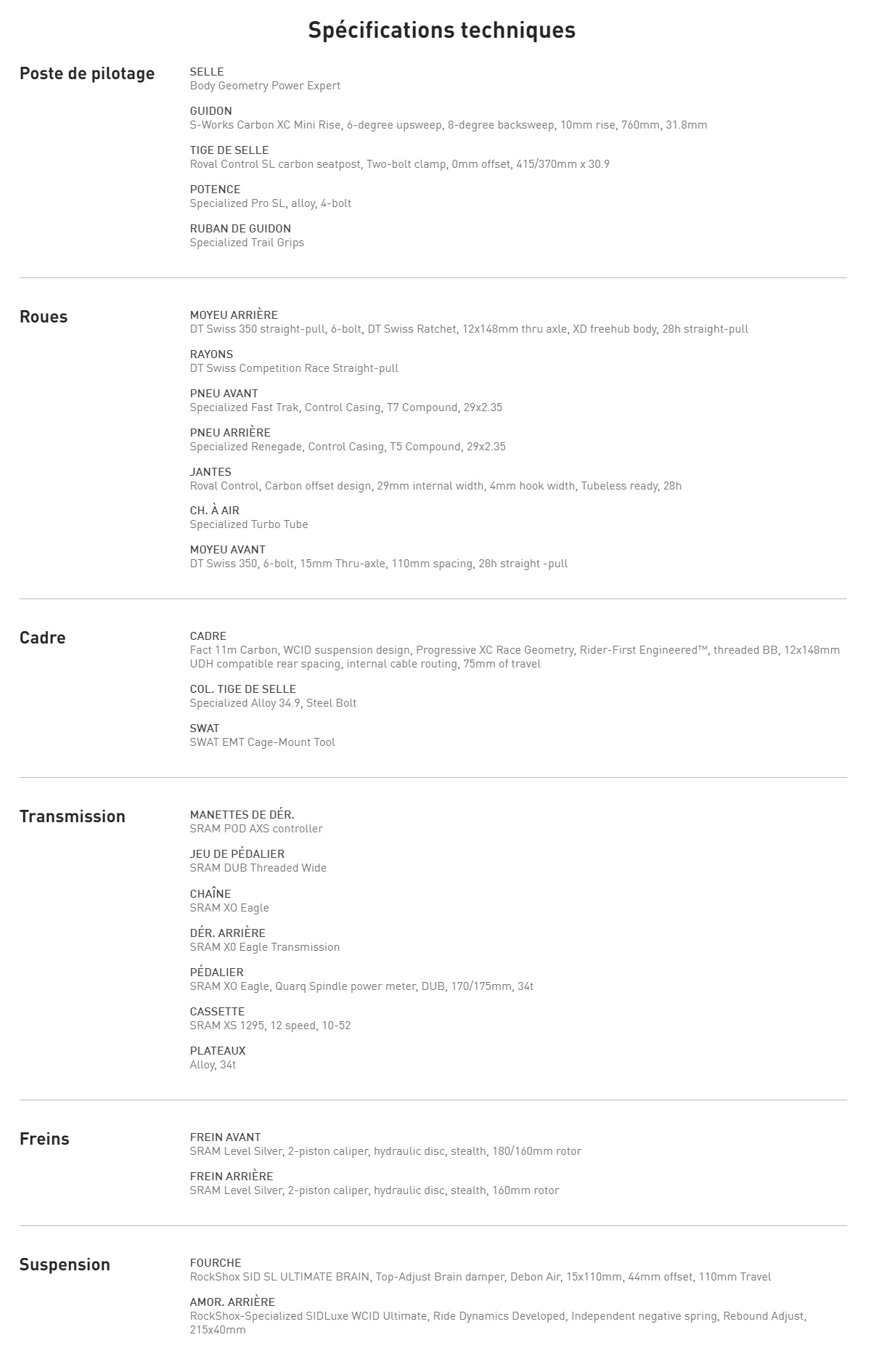 Caracteristique technique du vélo Epic World Cup Pro année 2023
