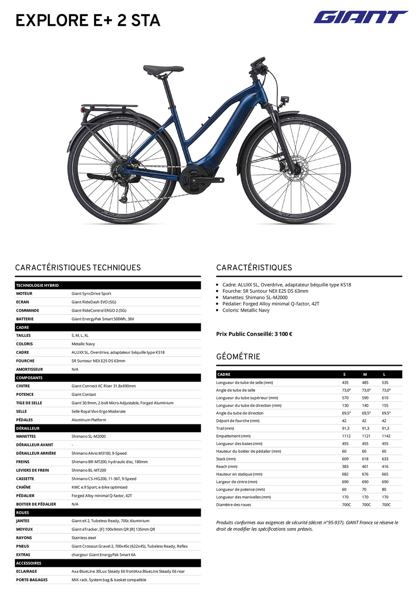 Fiche technique du velo électrique Explore E+ 3 STA année 2023