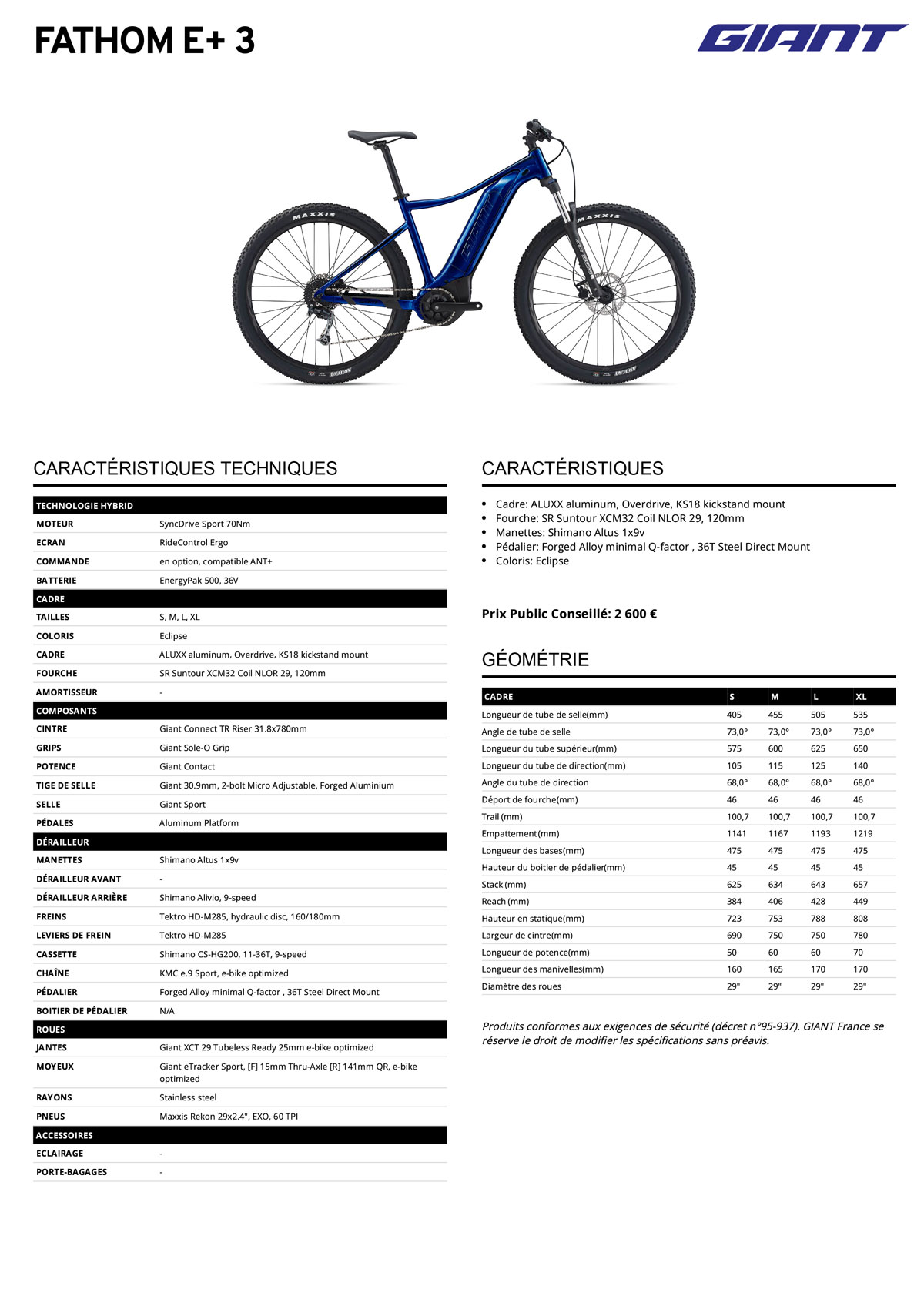Fiche technique du velo Fathom E+3