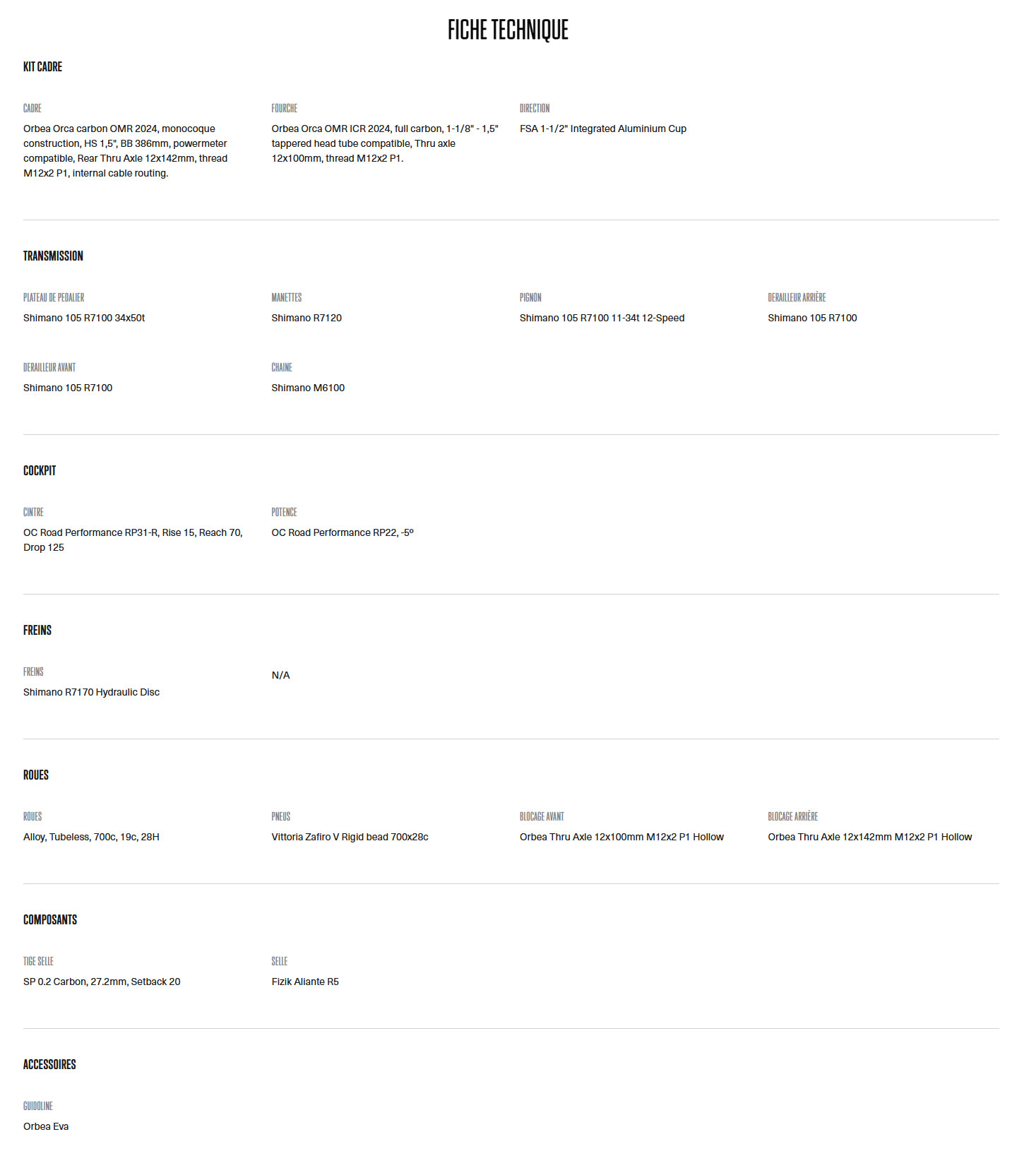 Caractéristique technique du vélo Orca M30 année 2025