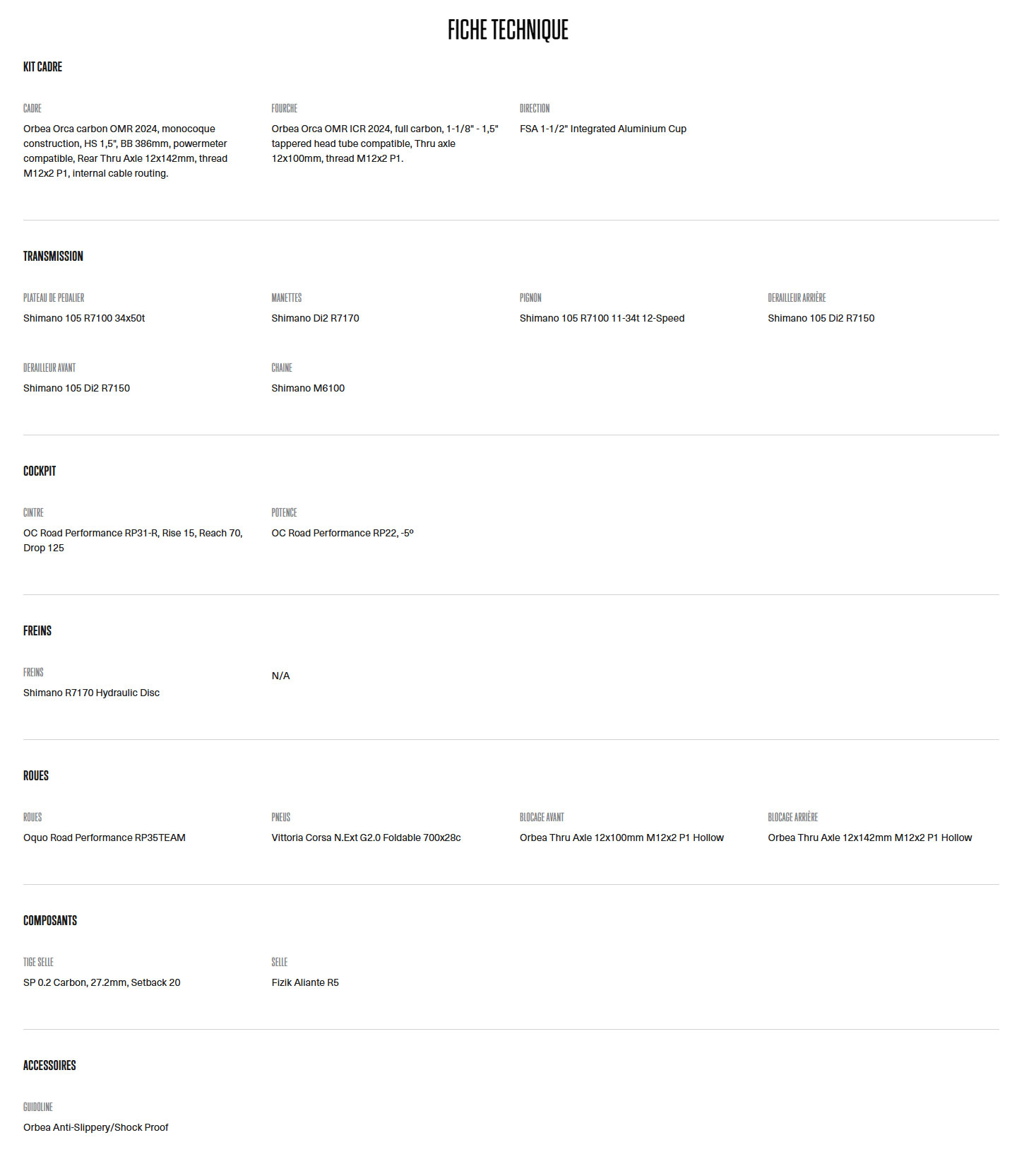 Caractéristique technique du vélo Orca M35I année 2025
