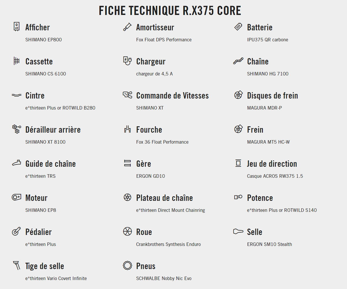 Fiche technique du vélo électrique R.X375 Core Année 2023