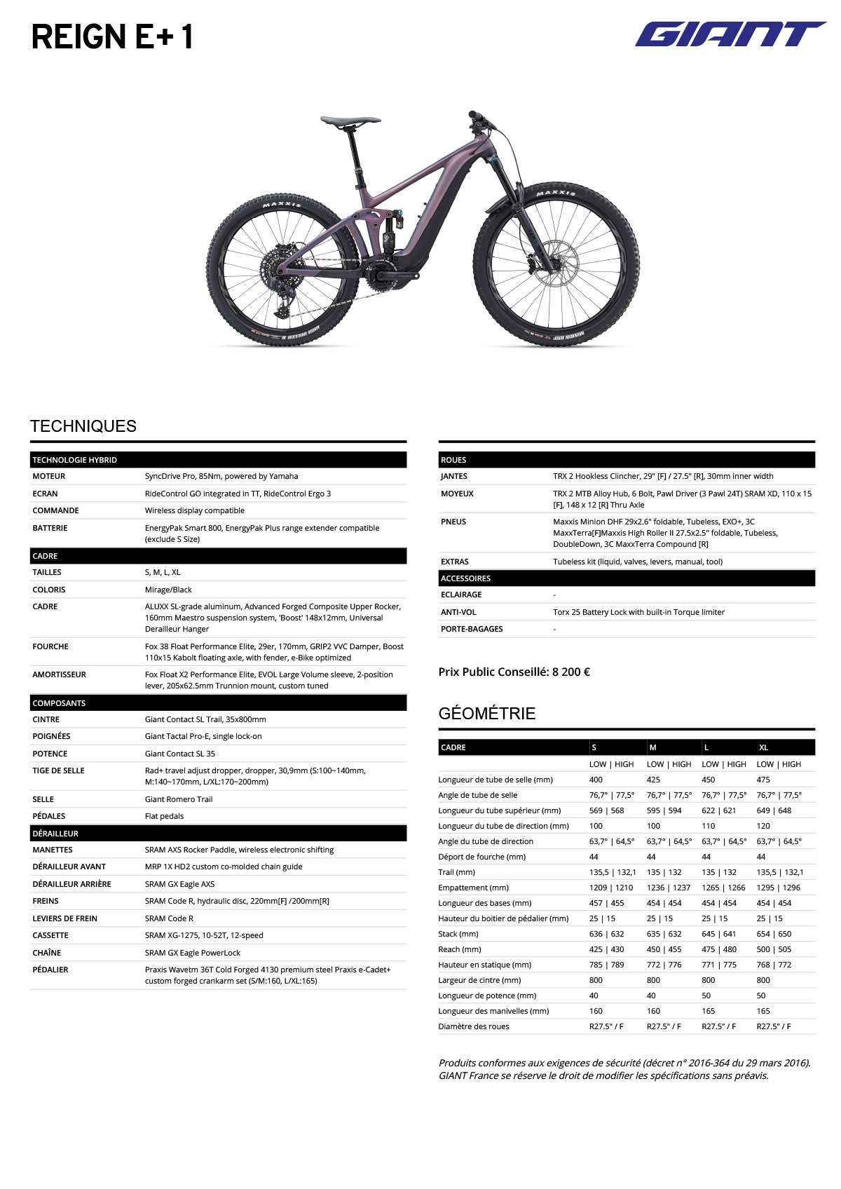 Fiche technique du velo électrique Reign E+ 1 année 2023