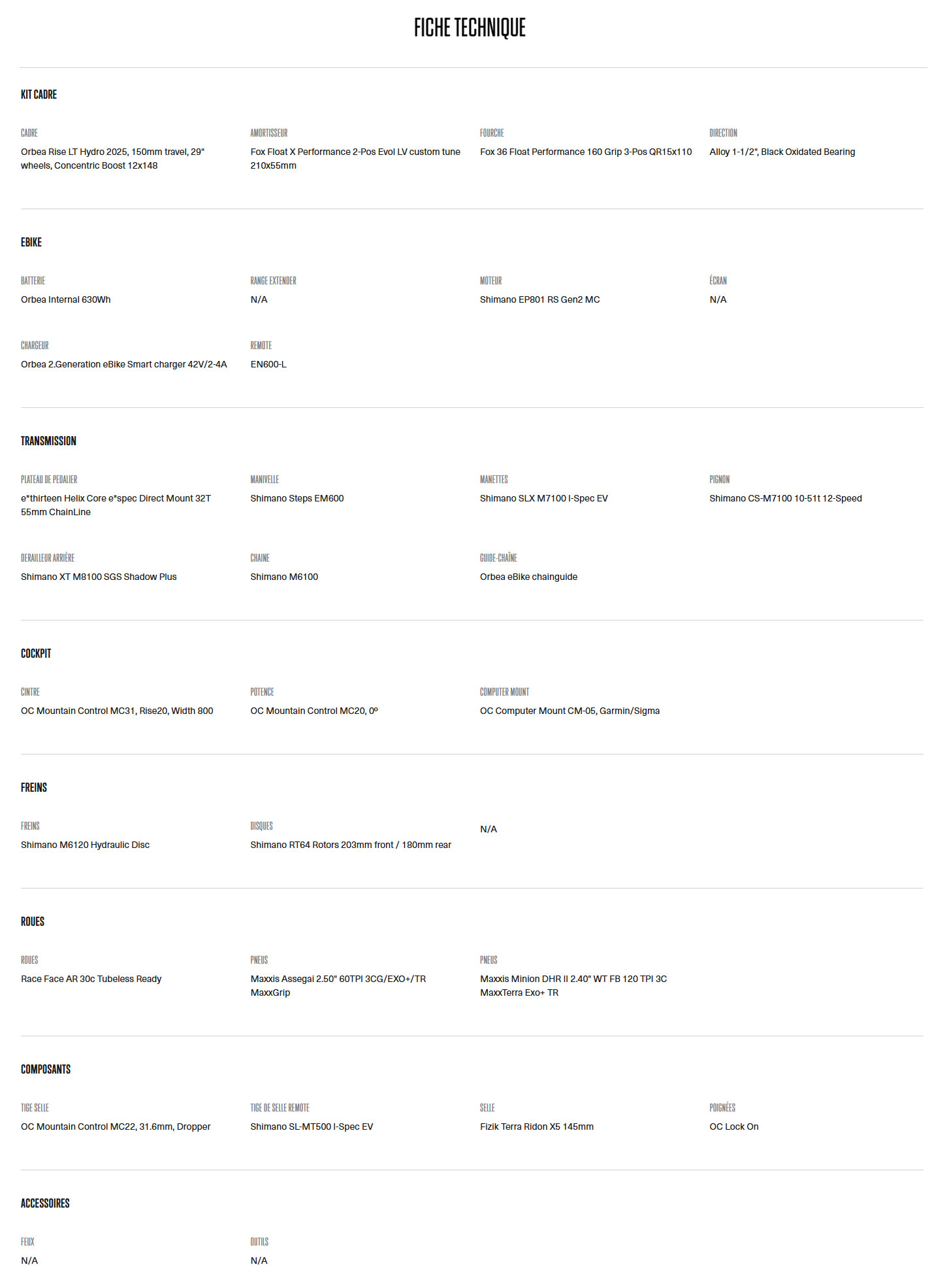 Caracteristique technique du Vélo électrique Rise LT H10 année 2025