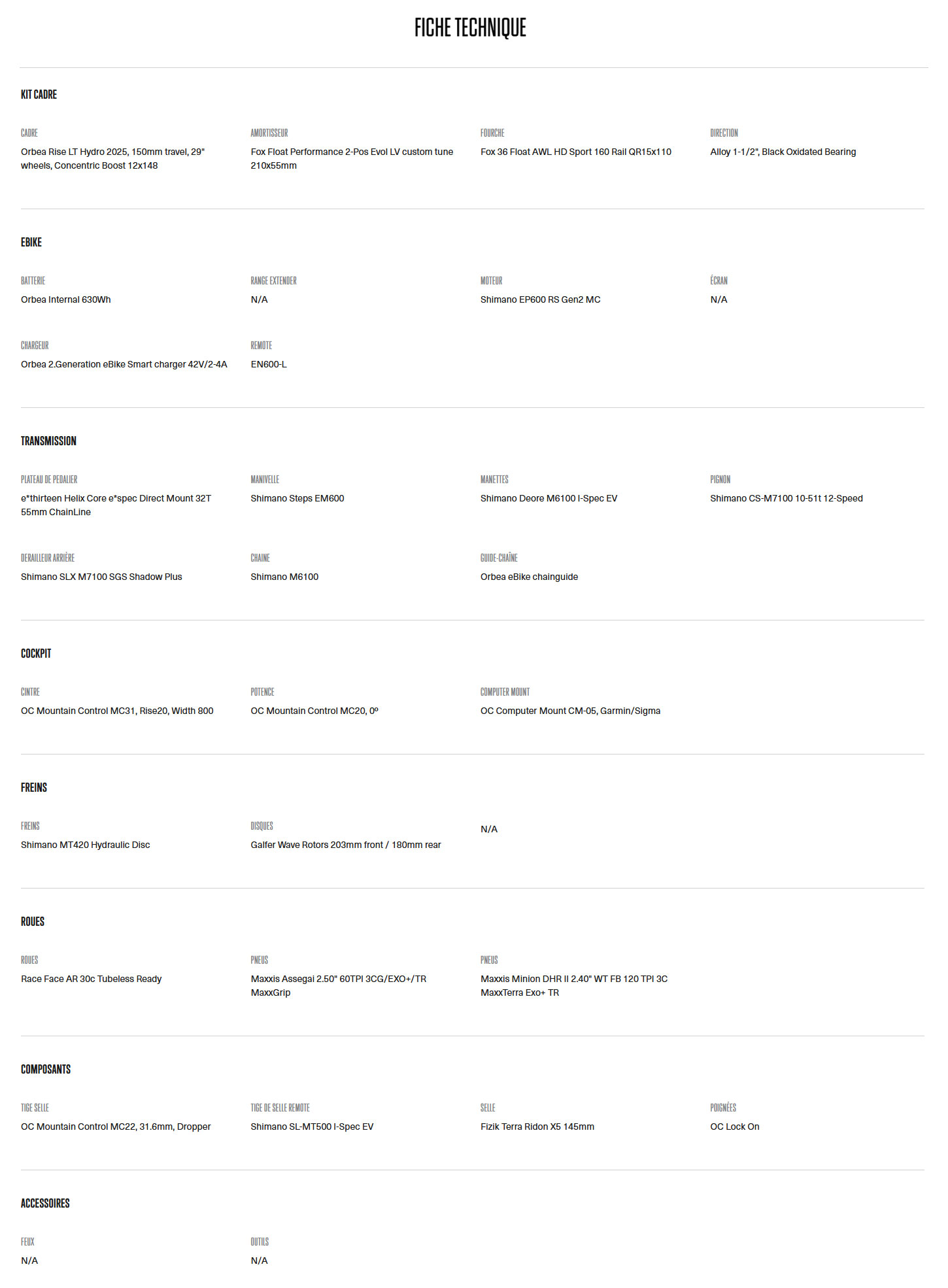 Caracteristique technique du Vélo électrique Rise LT H20  année 2025