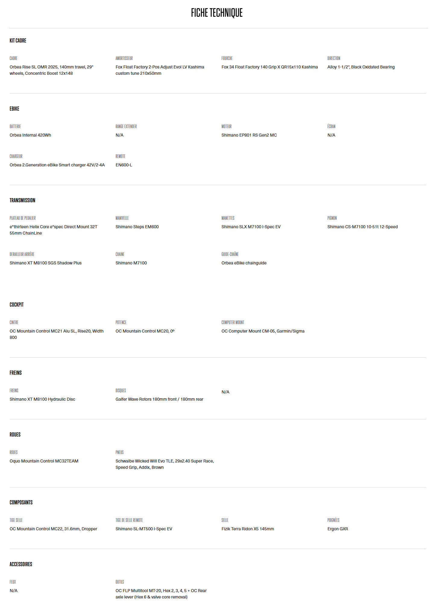 Caracteristique technique du Vélo électrique Rise LT M10 année 2025