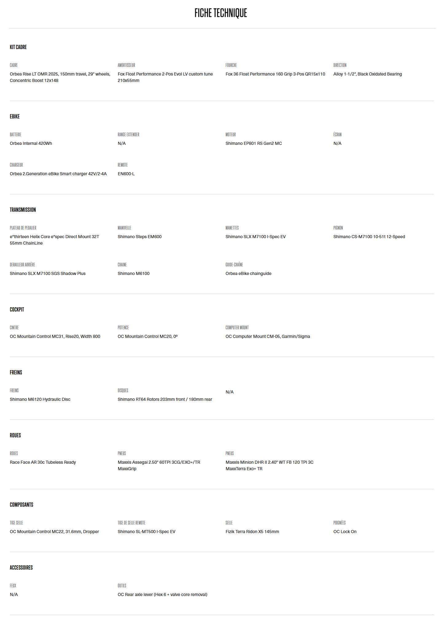 Caracteristique technique du Vélo électrique Rise LT M20 année 2025