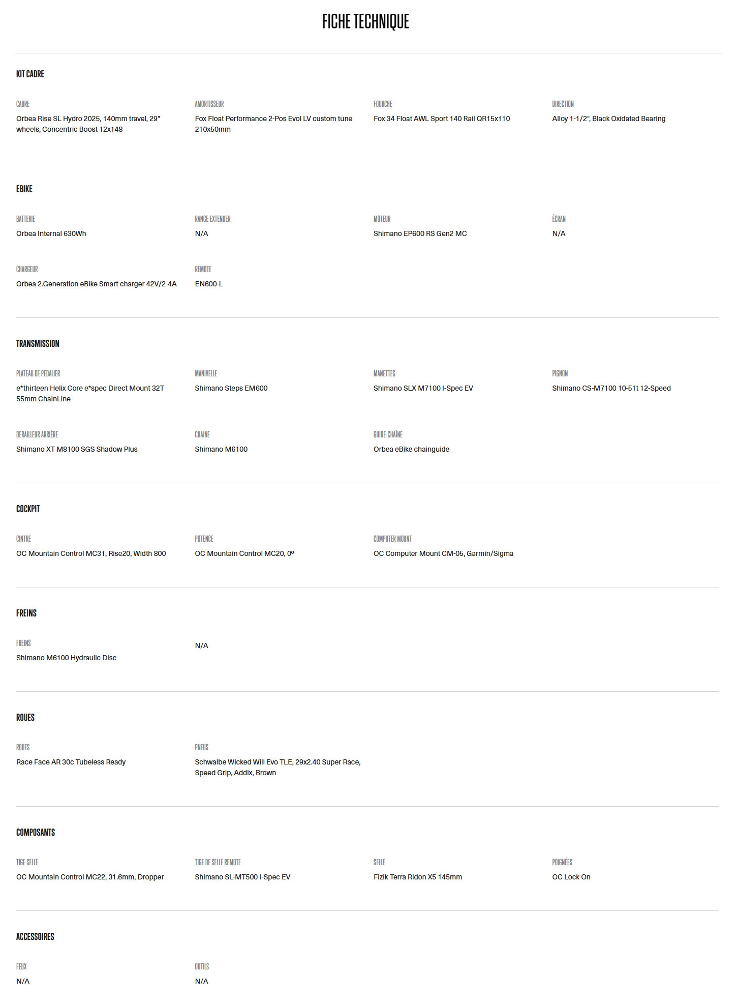 Caracteristique technique du Vélo électrique Rise SL H20  année 2025