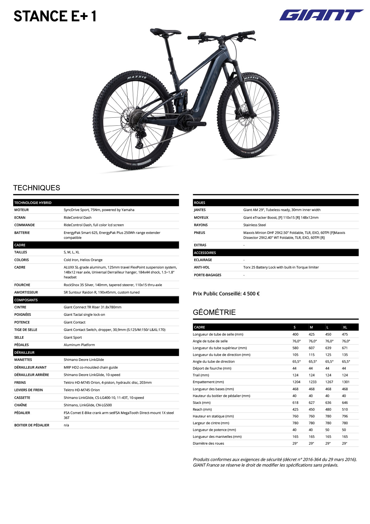 Fiche technique du velo électrique Stance E+ 1  année 2023