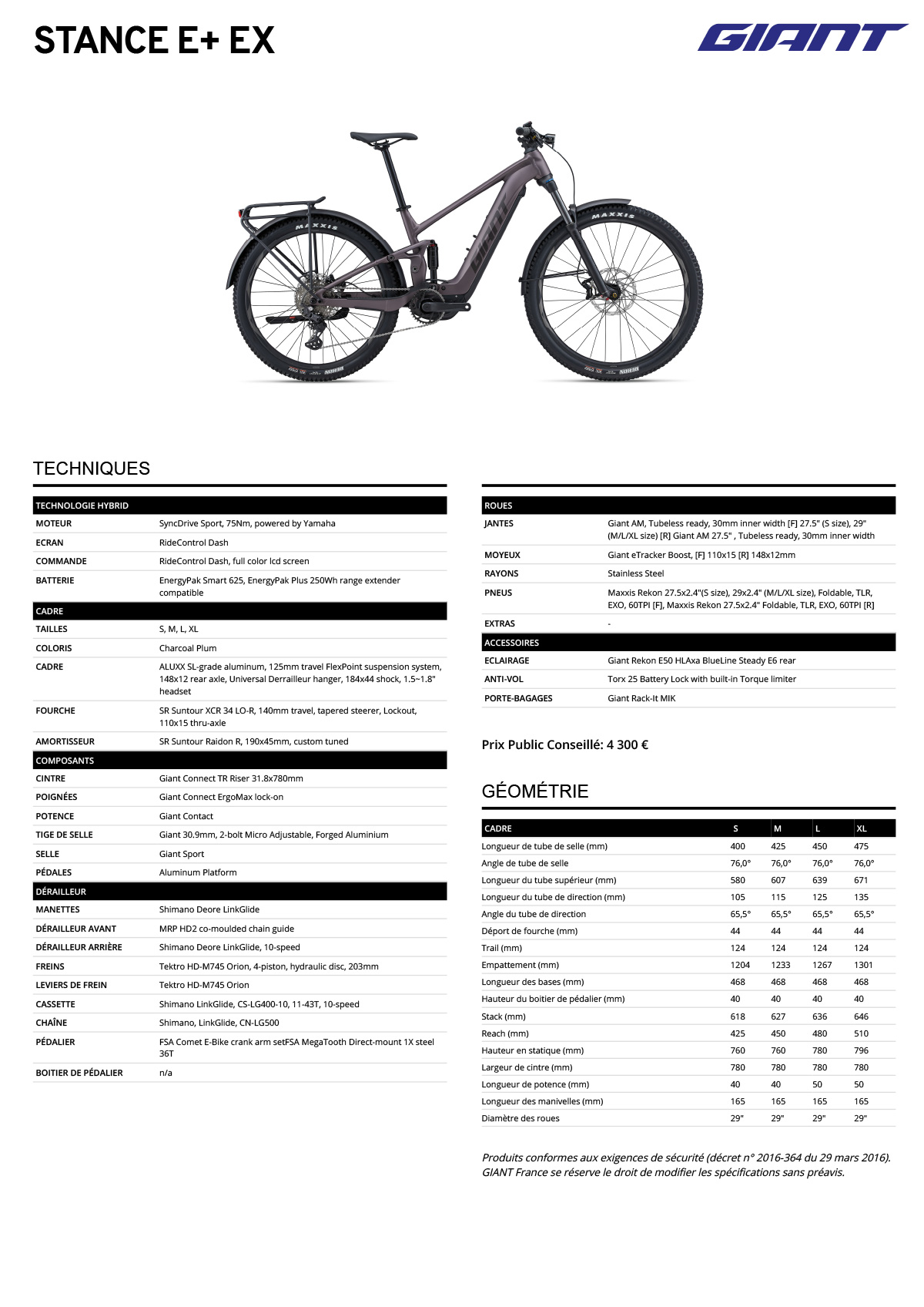 Fiche technique du velo électrique Stance E+ Ex  année 2023