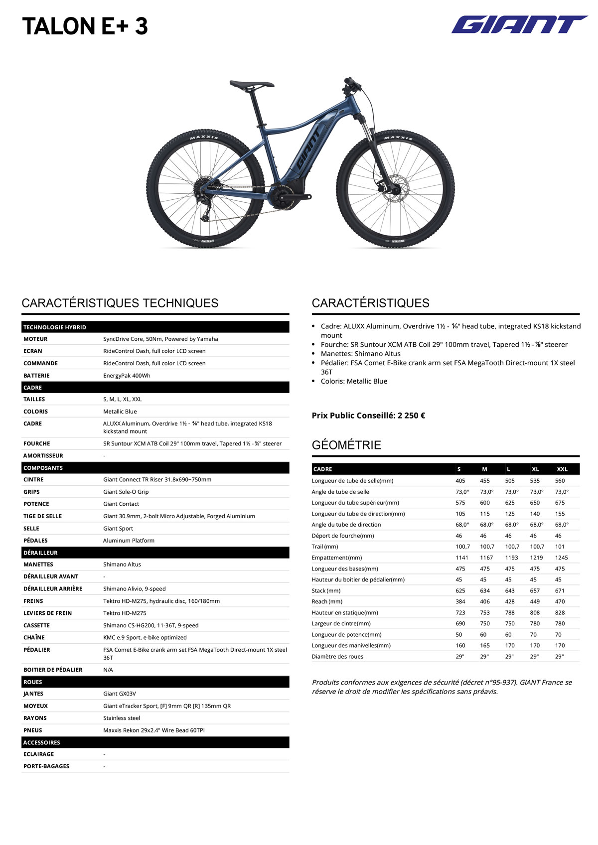 Fiche technique du velo Talon E+ 3