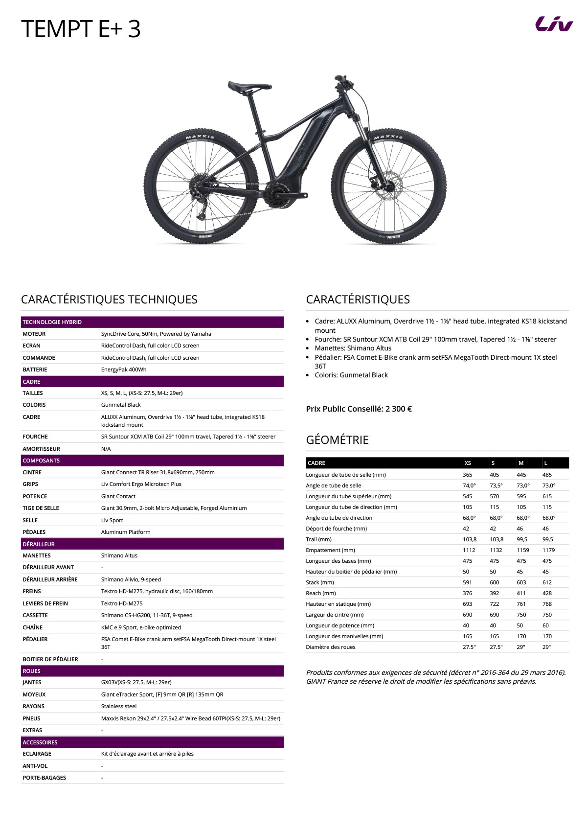 Fiche technique du velo Tempt E+ 3 année 2022
