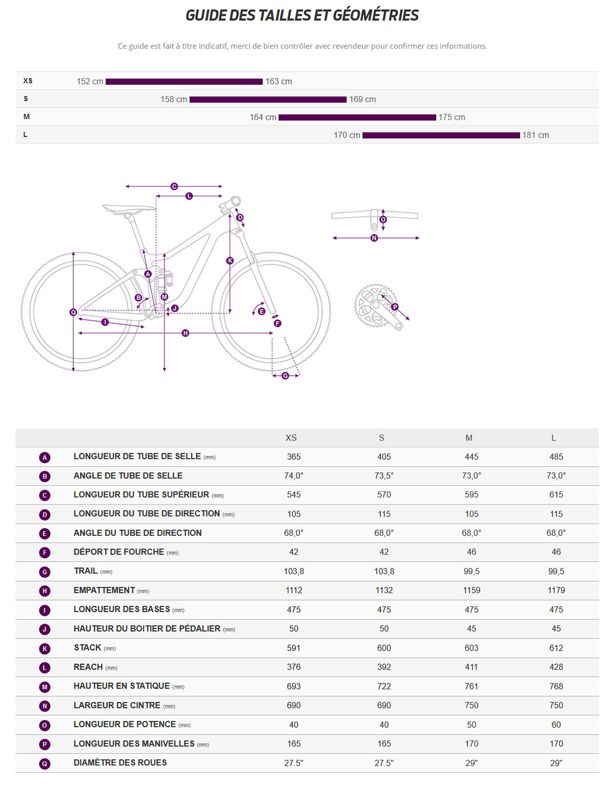 Guide de taille du velo Tempt E+ 3 année 2022