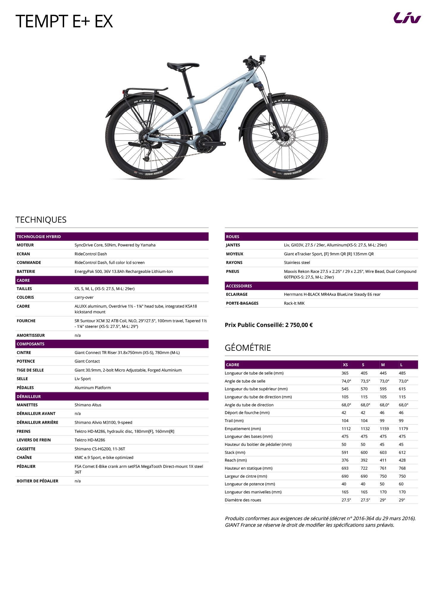 Fiche technique du velo Tempt E+ EX année 2024