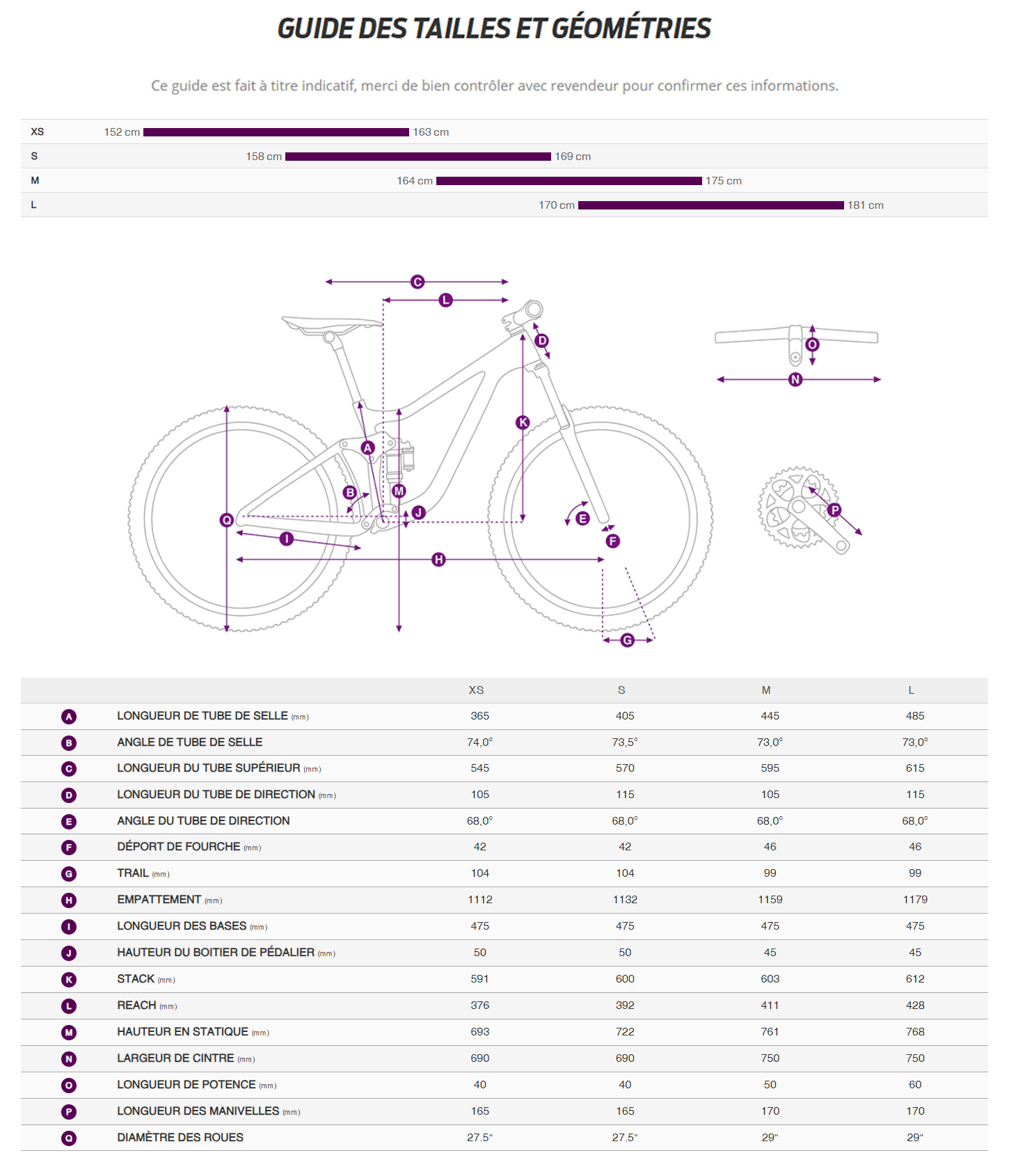 Guide de taille du velo Tempt E+ EX année 2024