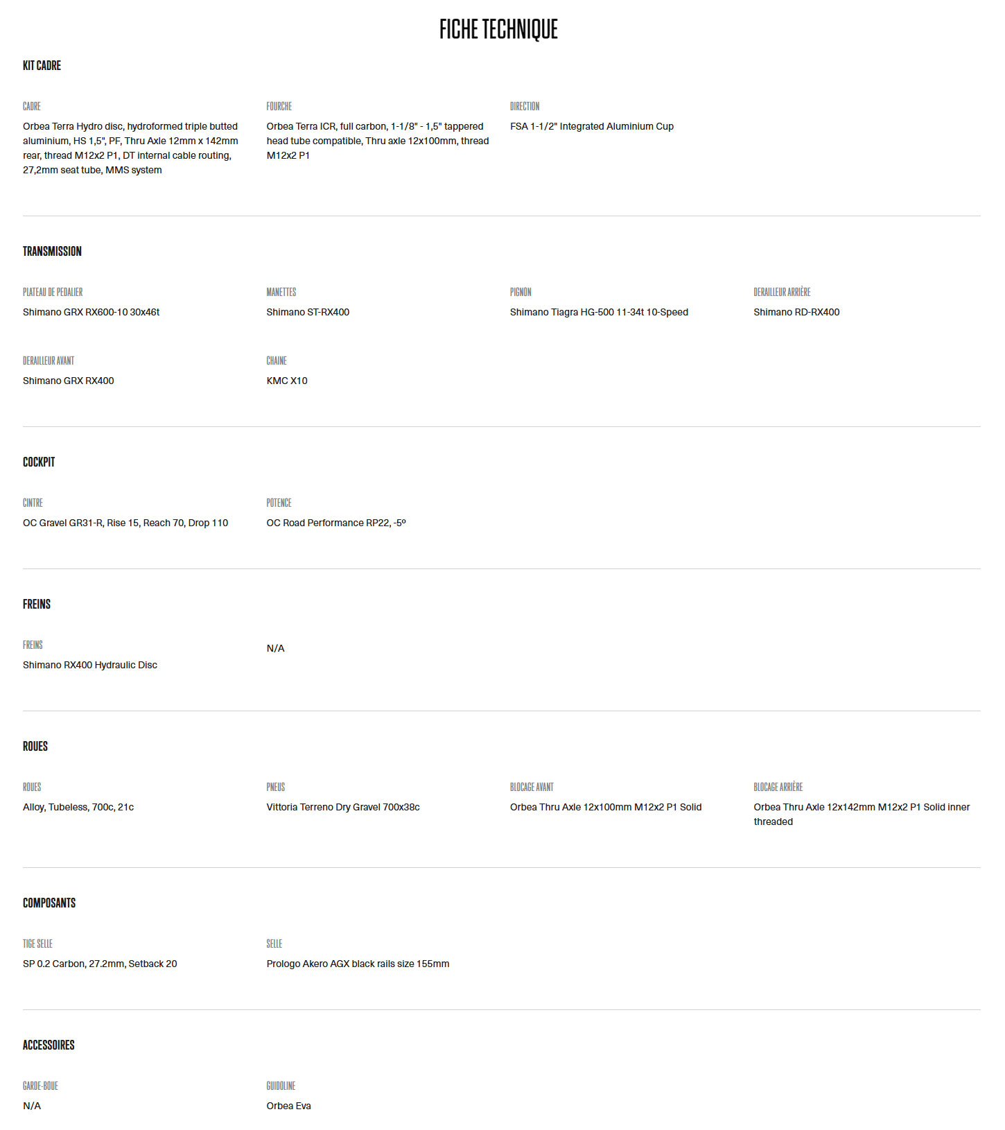 Caractéristique technique du vélo Terra H40 année 2025