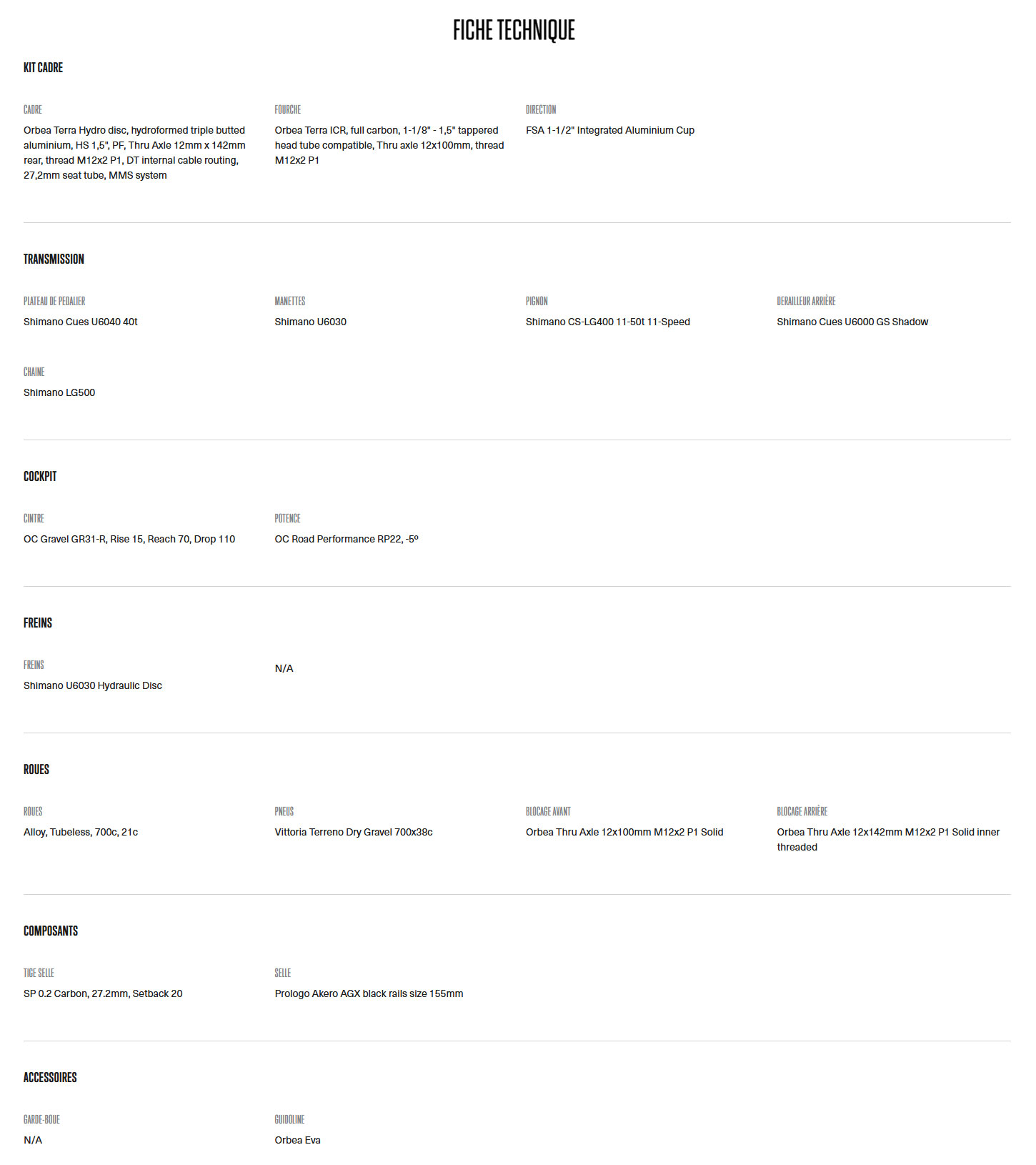 Caractéristique technique du vélo Terra H45 1X année 2025