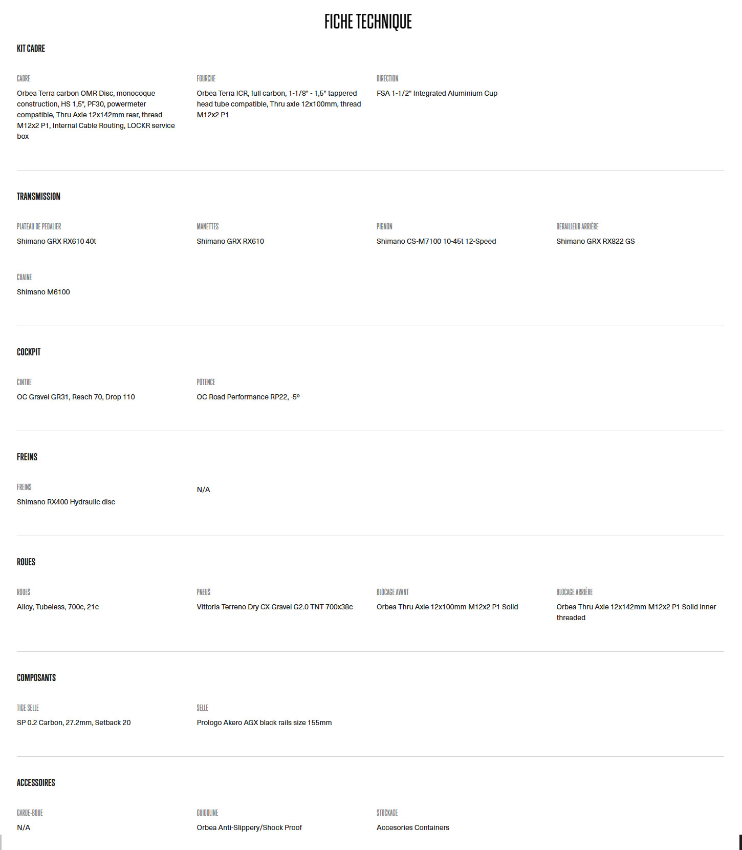 Caractéristique technique du vélo Terra M30TEAM 1X année 2025