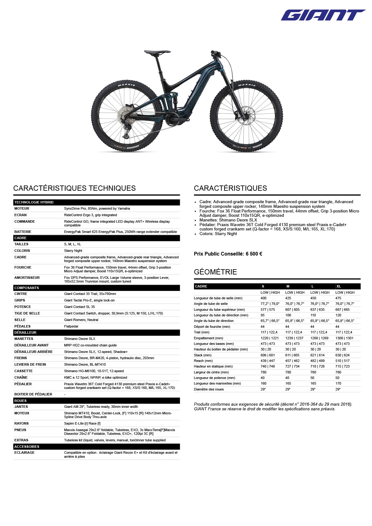 Fiche technique du velo Trance X Advanced E+ 2 année 2022