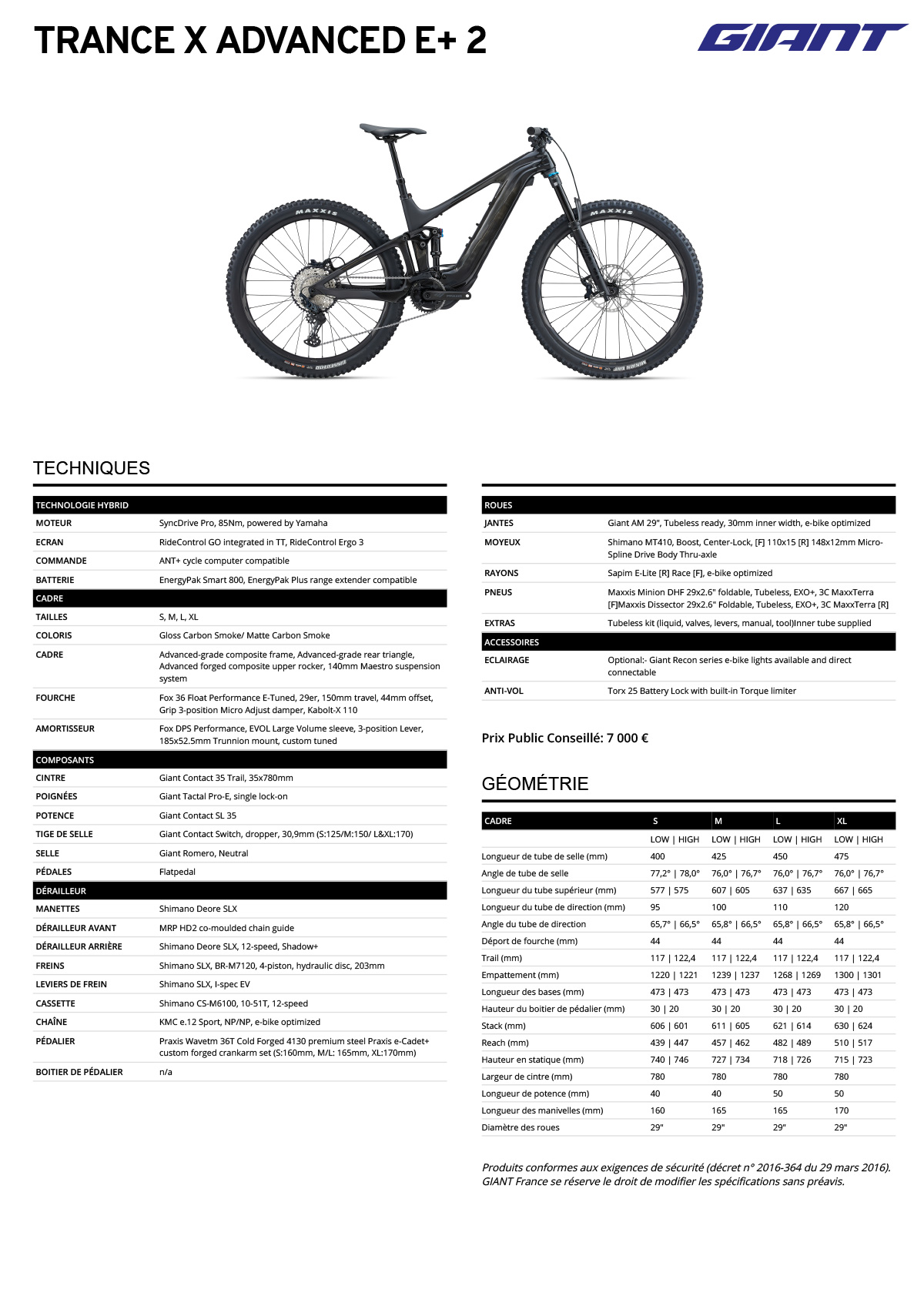 Fiche technique du velo Trance X Advanced E+ 2 année 2023