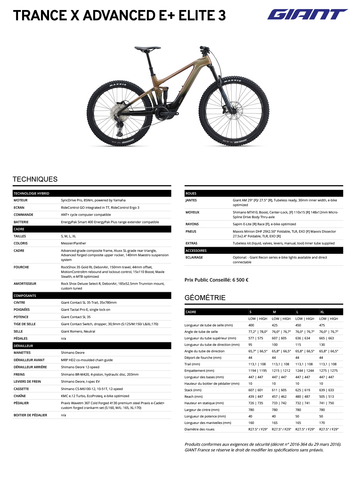 Fiche technique du velo Trance X Advanced E+ 3 Élite année 2023