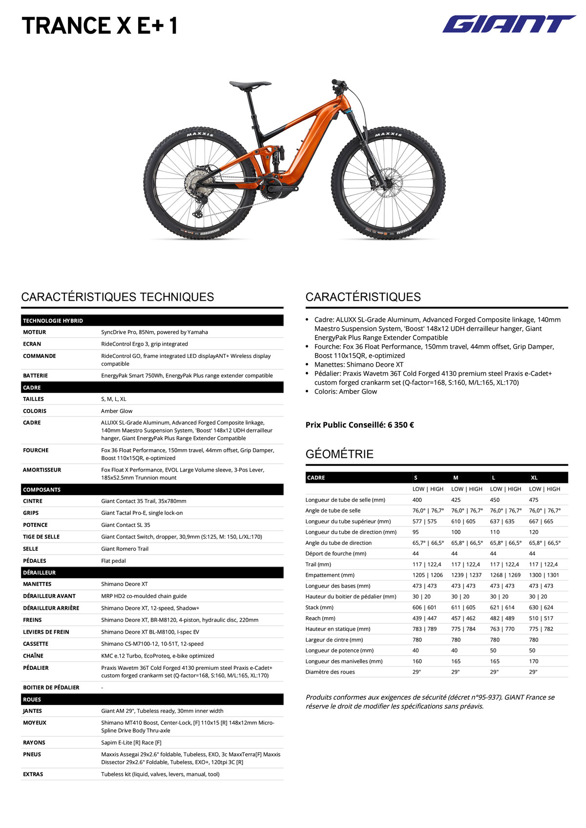 Fiche technique du velo Trance X E+ 1 année 2022