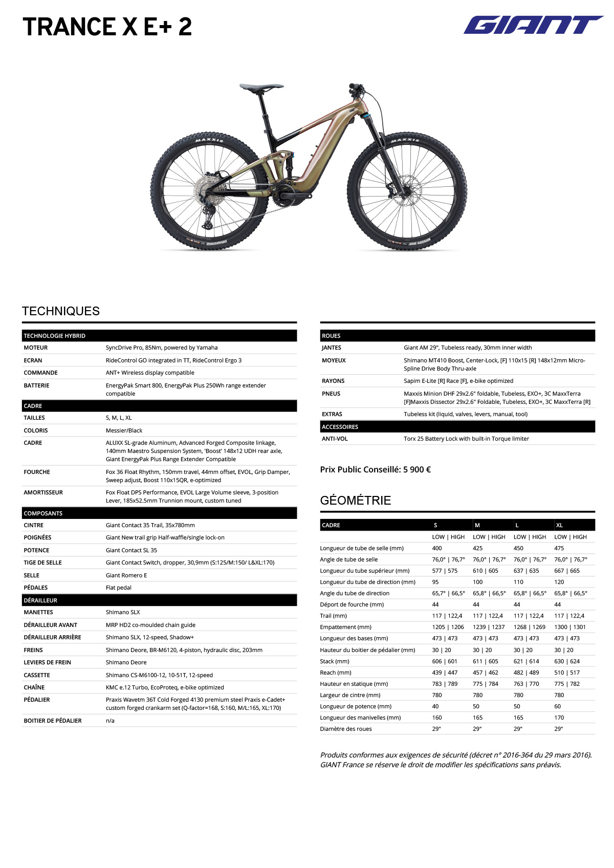Fiche technique du velo Trance X E+ 2 année 2023
