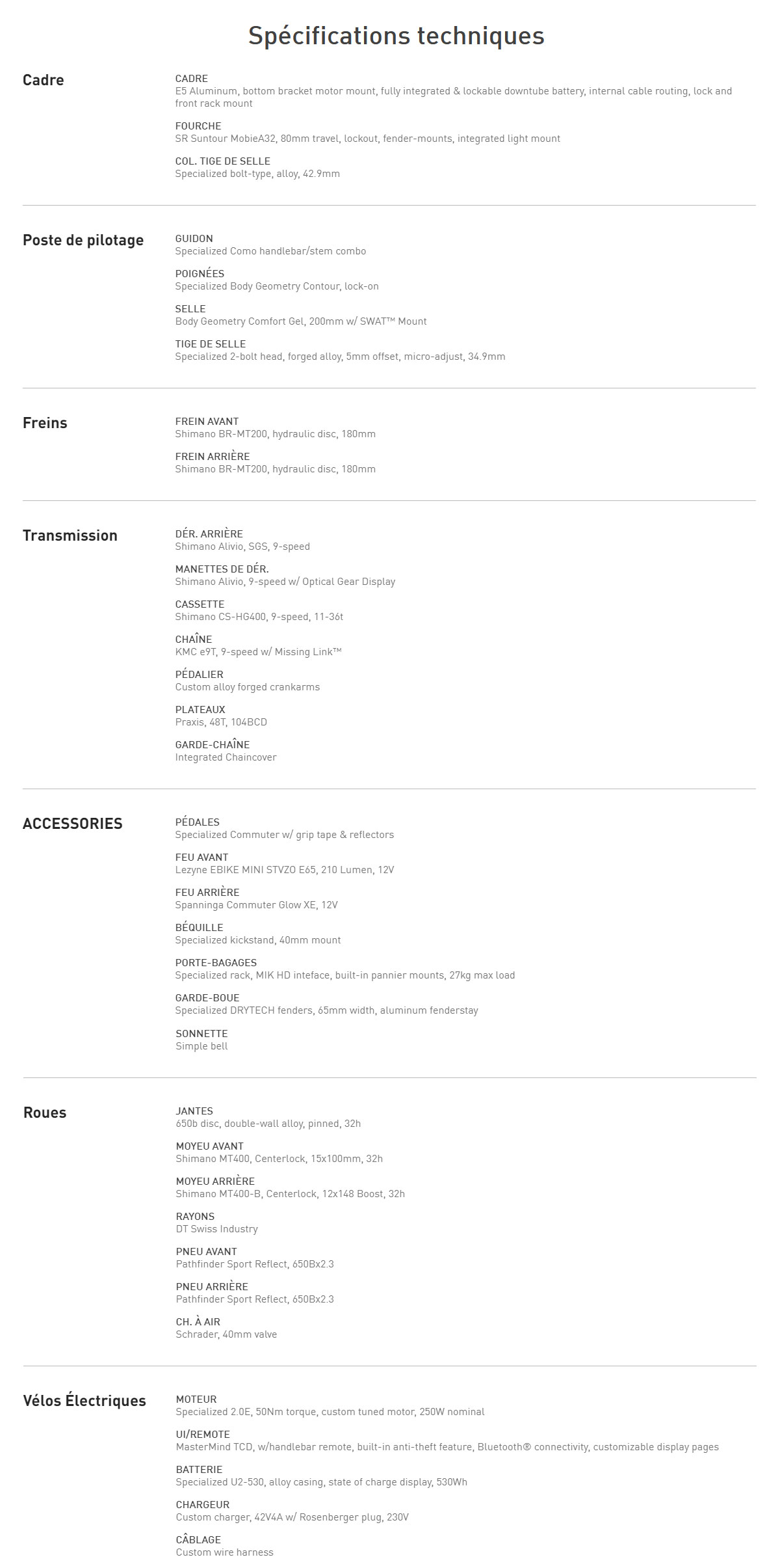 Vélo électrique Turbo Como 3.0 caracteristique technique