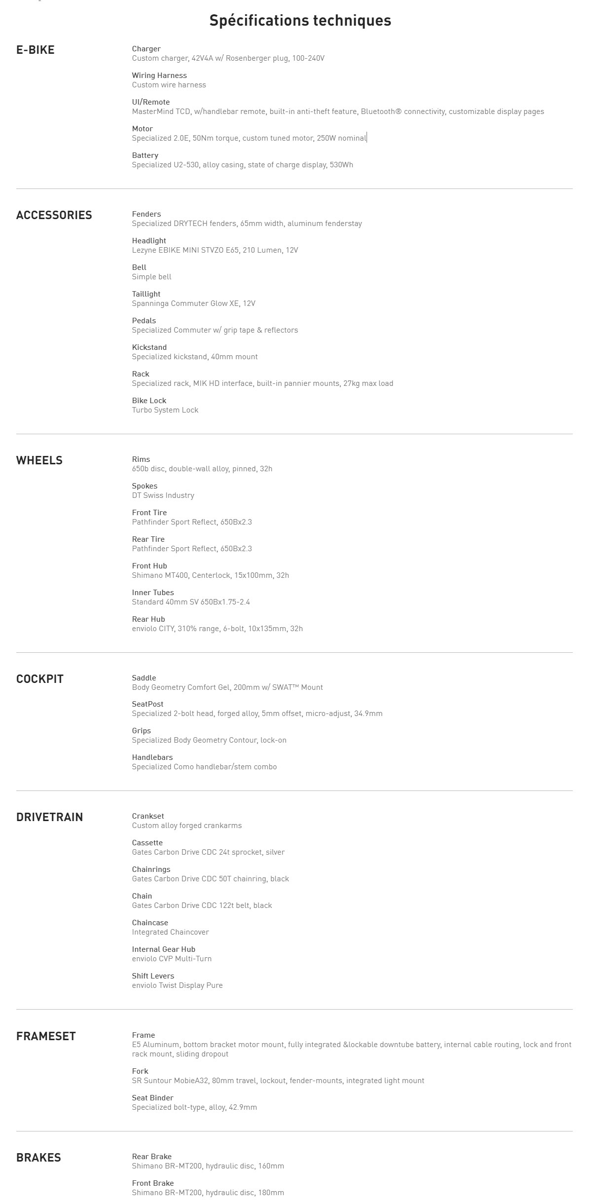 Fiche technique du vélo électrique Turbo Como 3.0 IGH année 2023