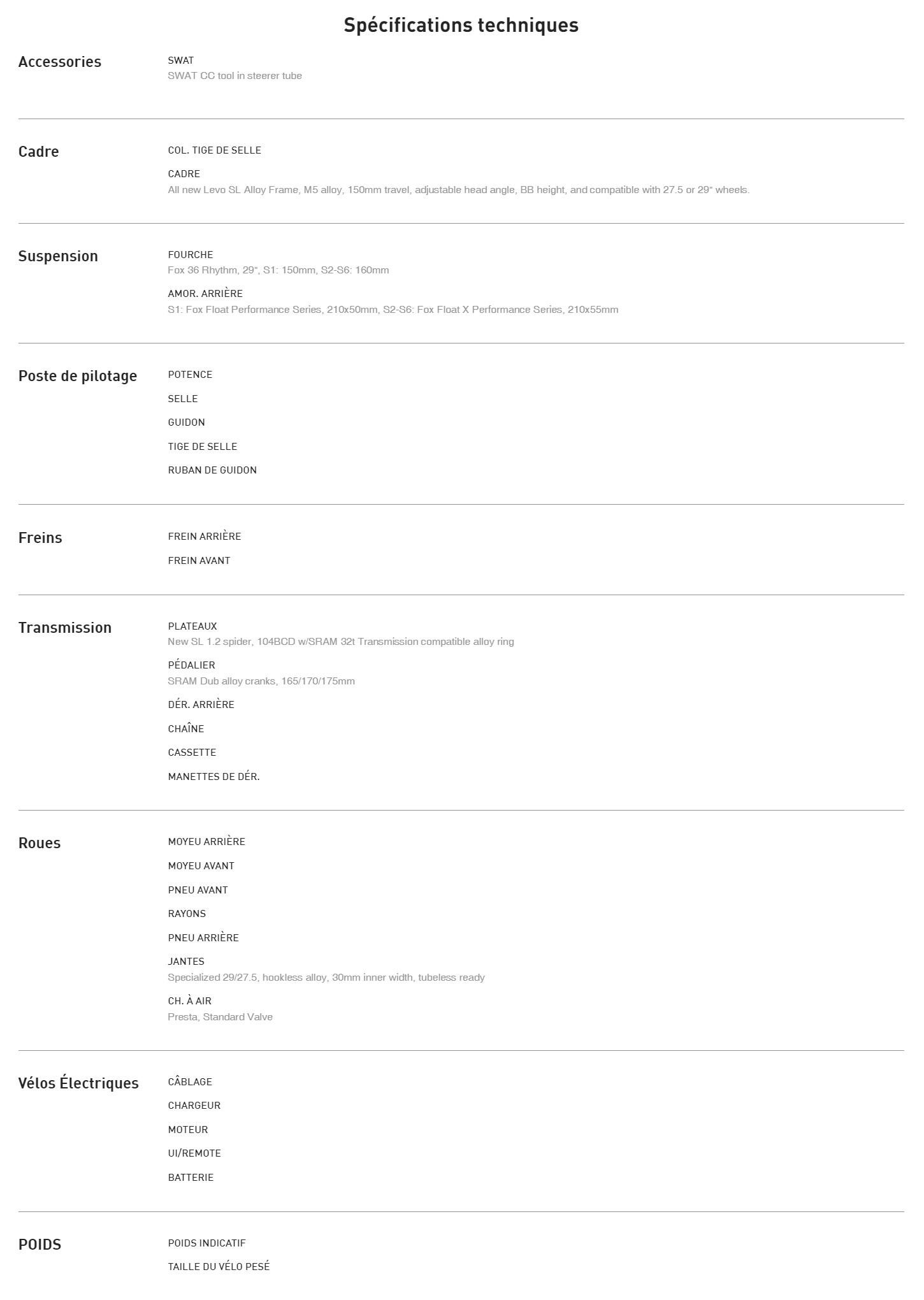 Caracteristique technique du Vélo électrique Turbo Levo SL Comp Alloy année 2024