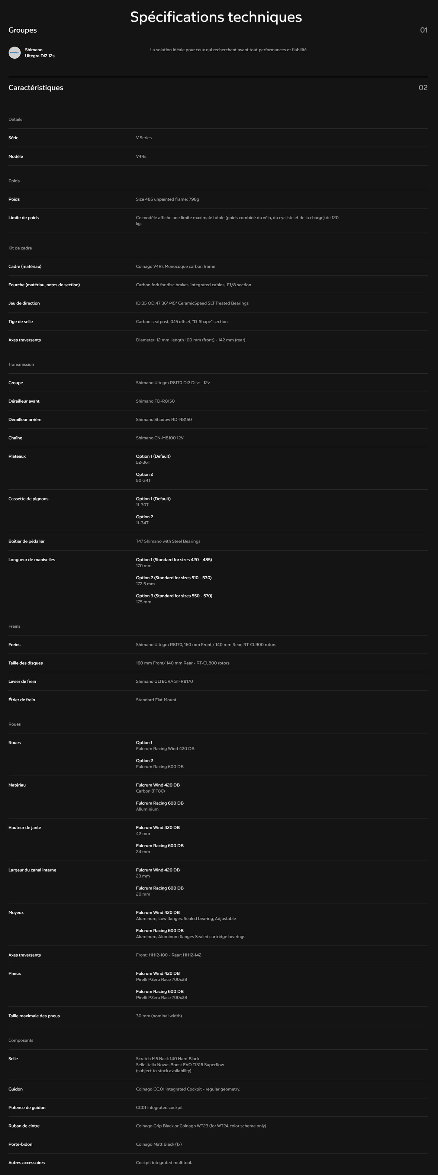 Fiche Technique du vélo V4RS Ultegra 12 Année 2024