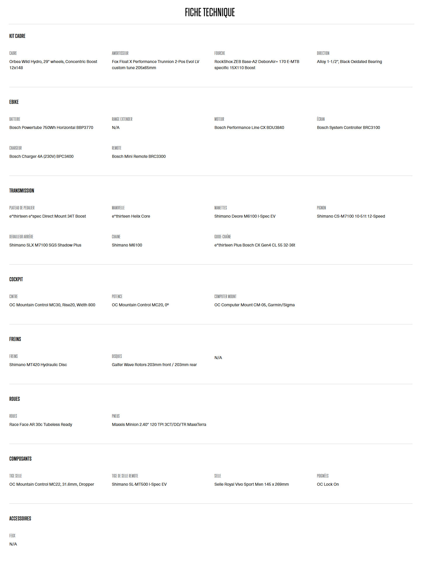 Caracteristique technique du Vélo électrique Wild H20 année 2025