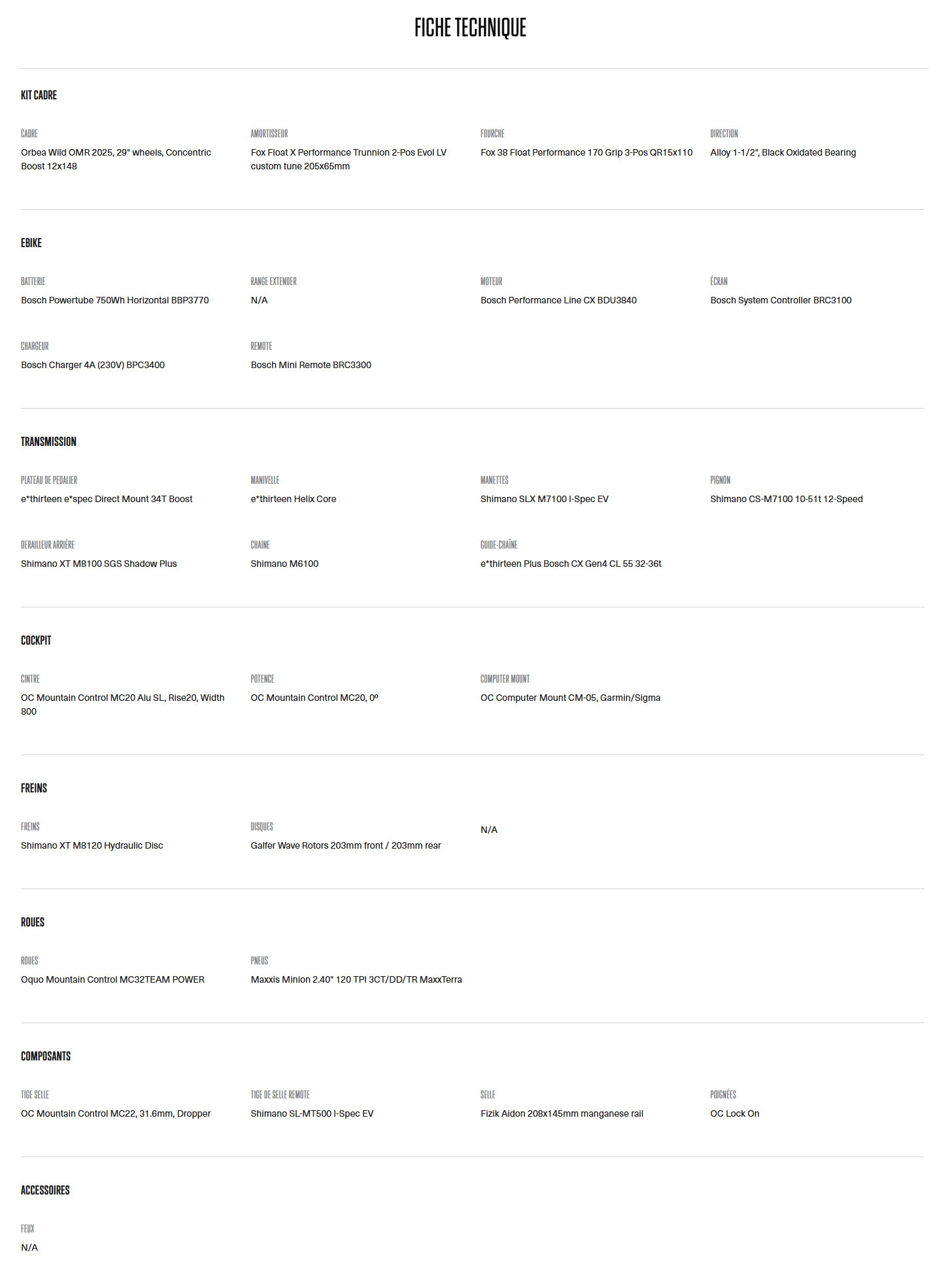 Caracteristique technique du Vélo électrique Wild M10 année 2025