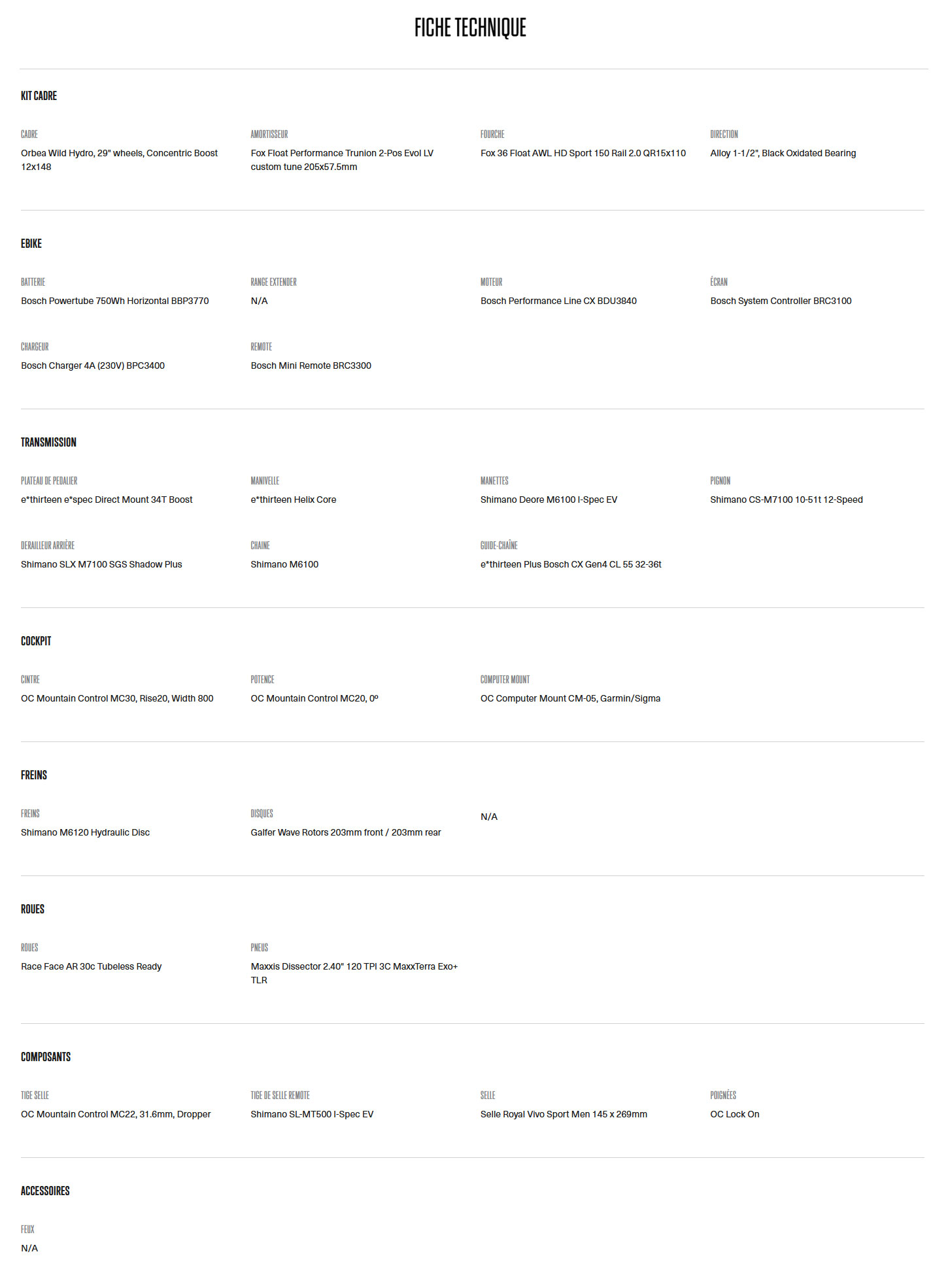 Caracteristique technique du Vélo électrique Wild ST H20 année 2025