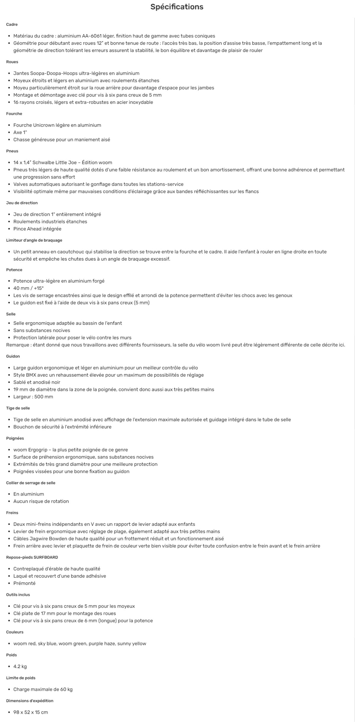 Fiche Woom 1 Plus Année 2021